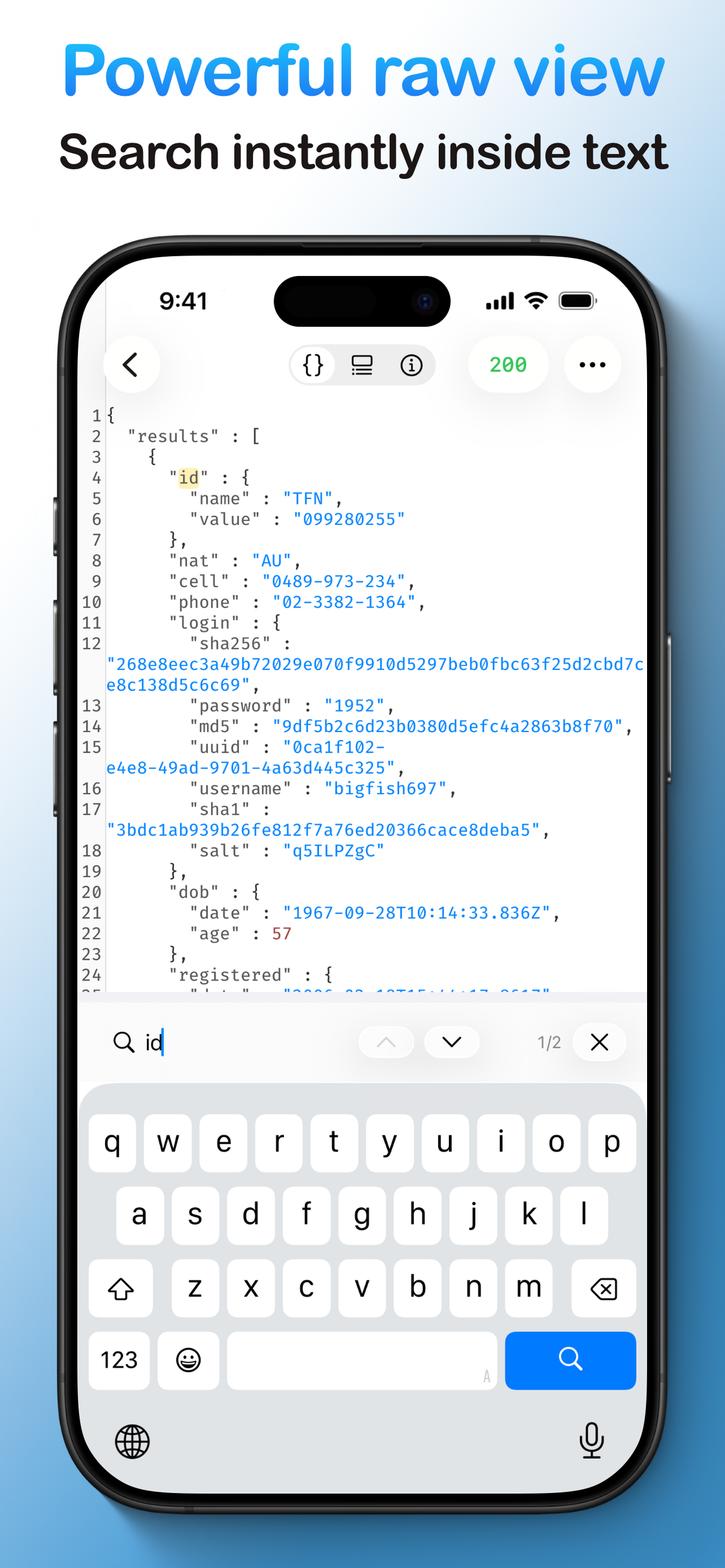 The raw text view of a JSON response with an active search function highlighting a term within the content.
