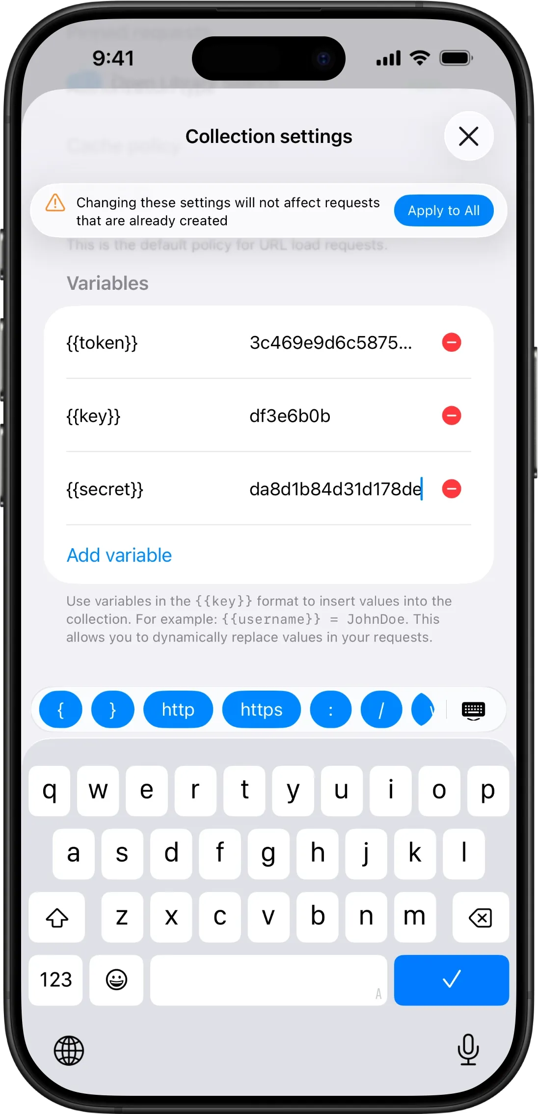 Keyboard toolbar showing collection variable shortcuts and common URL tokens