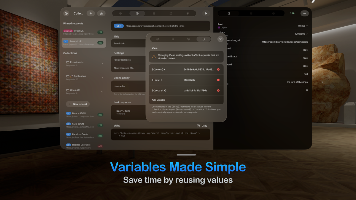 Managing and reusing variables like tokens and keys in a floating window of the API client app designed for visionOS.