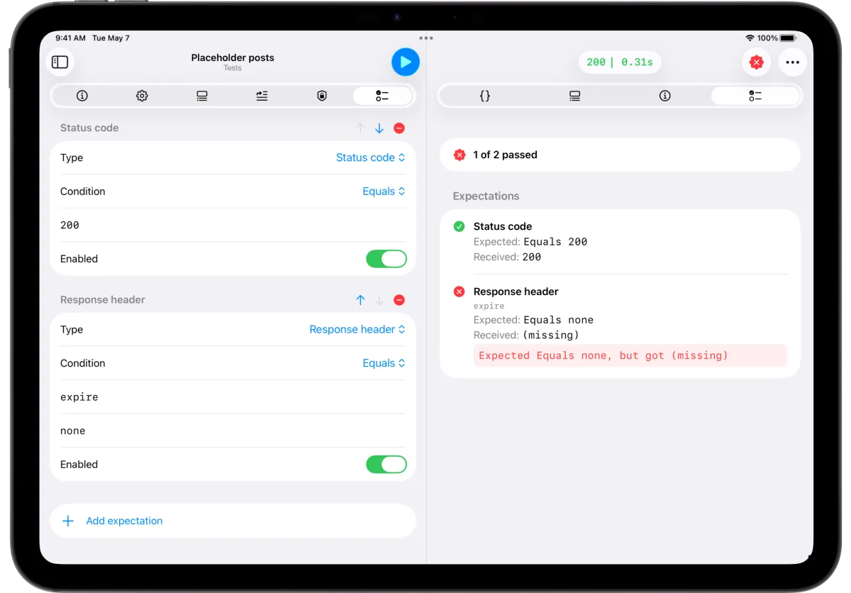 API Orbit on iPad showing API test results: 
