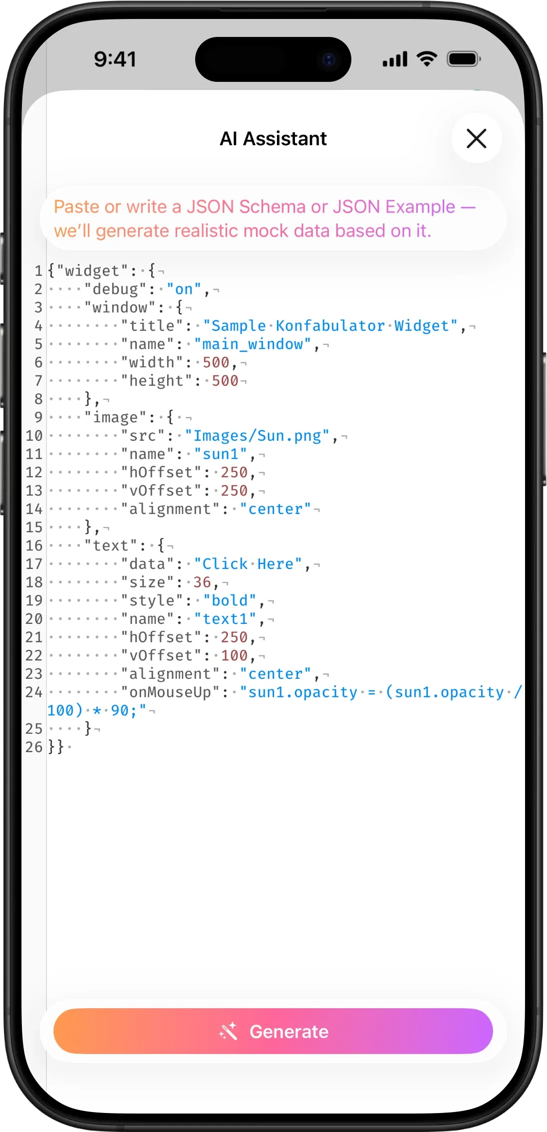 Mock data generation editor with schema input and glass action bars