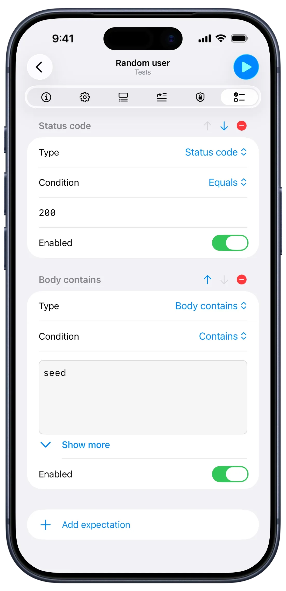 API Orbit on iPhone showing the Tests tab for a 
