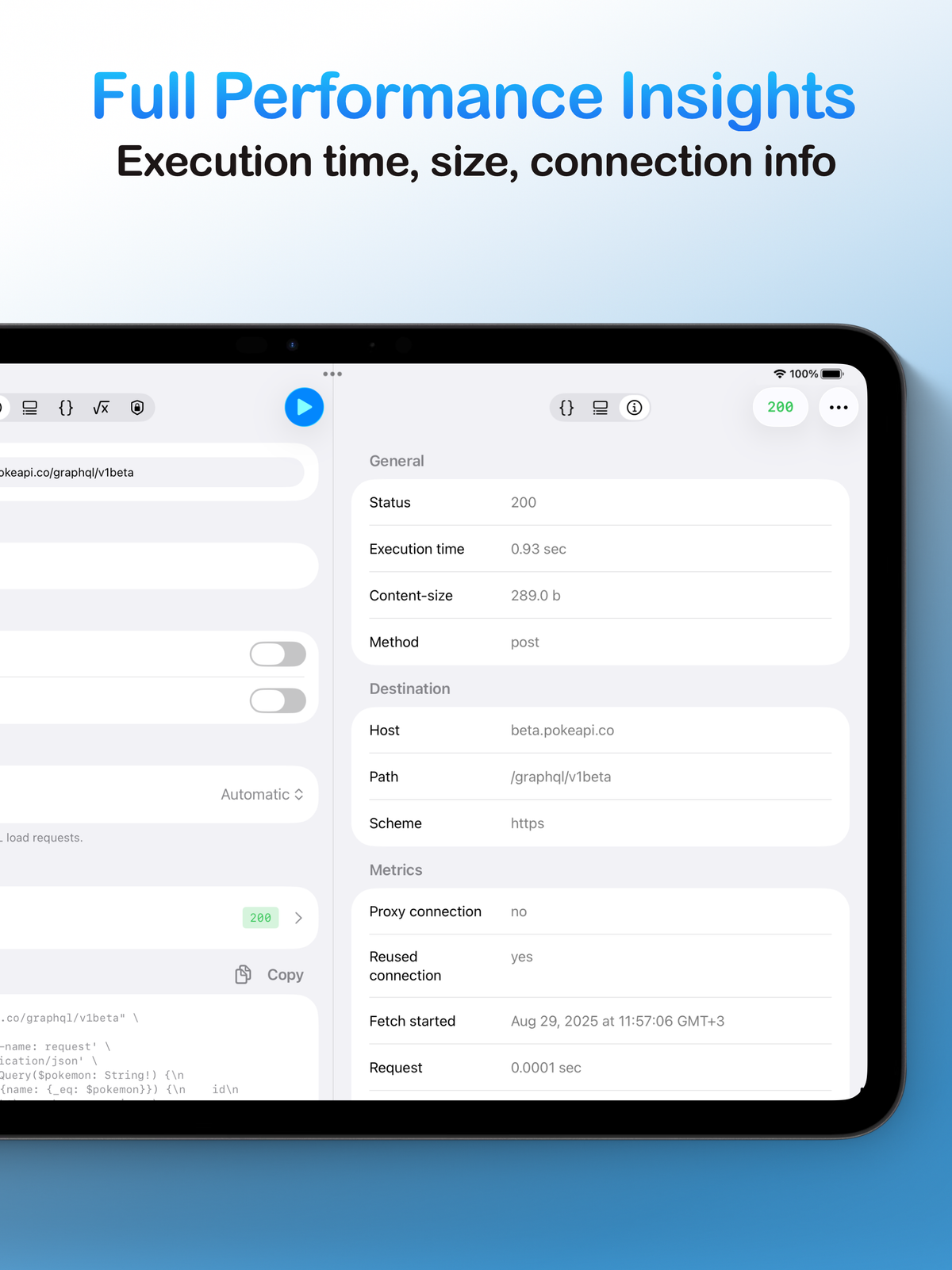 A tablet screen displaying the full performance insights for an API response, including metrics like execution time, content size, and connection information.