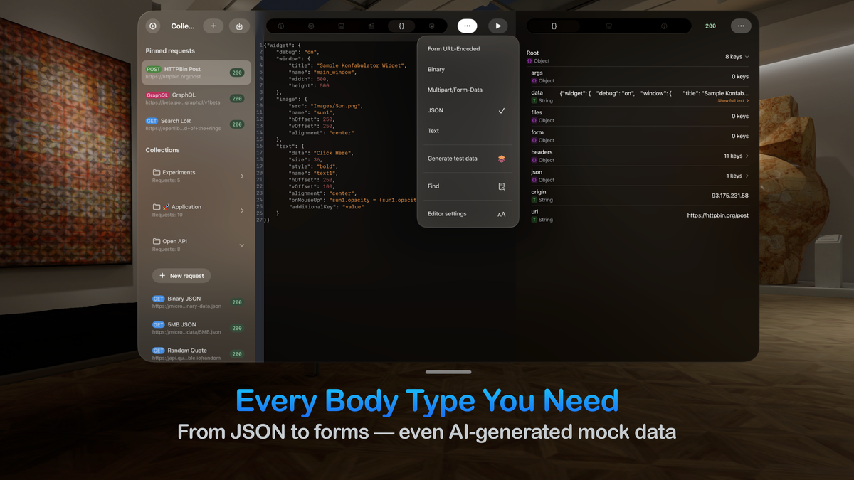 Building an API request and selecting a body type like Form URL-Encoded or JSON in the app's spatial interface on Vision Pro.