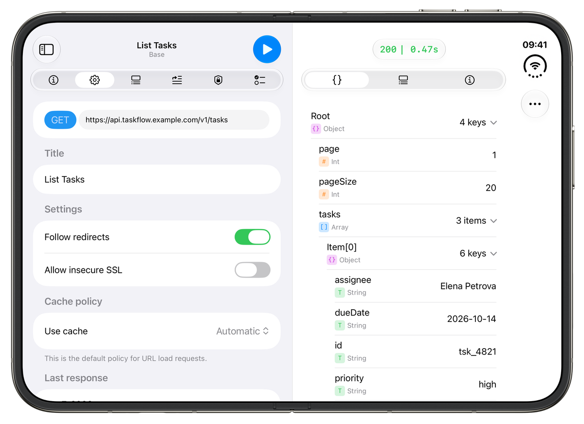 iPhone Duo unfolded. The right panel shows the List Tasks response as a JSON tree, with Root expanded to page, pageSize and tasks, and the first task's fields (assignee, dueDate, id, priority) visible