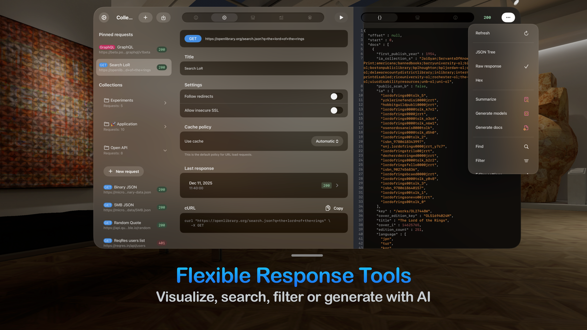Using flexible response tools like JSON Tree, Summarize, and Generate Models within the floating panels of the app on Vision Pro.