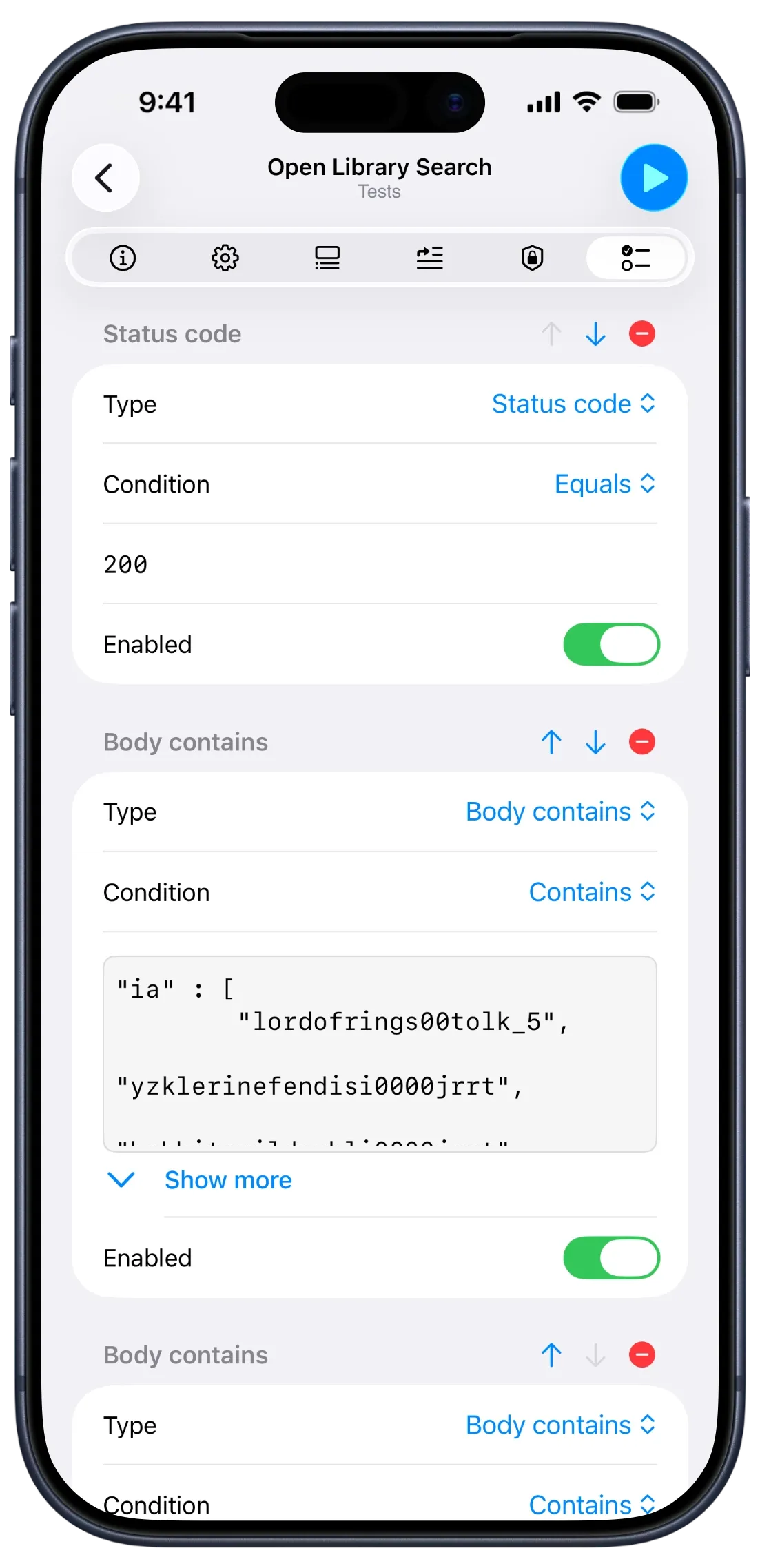 API Orbit on iPhone showing the Tests tab for an 