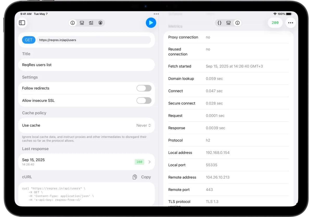 API Orbit 26 request metrics panel on iPad showing detailed connection and response timings