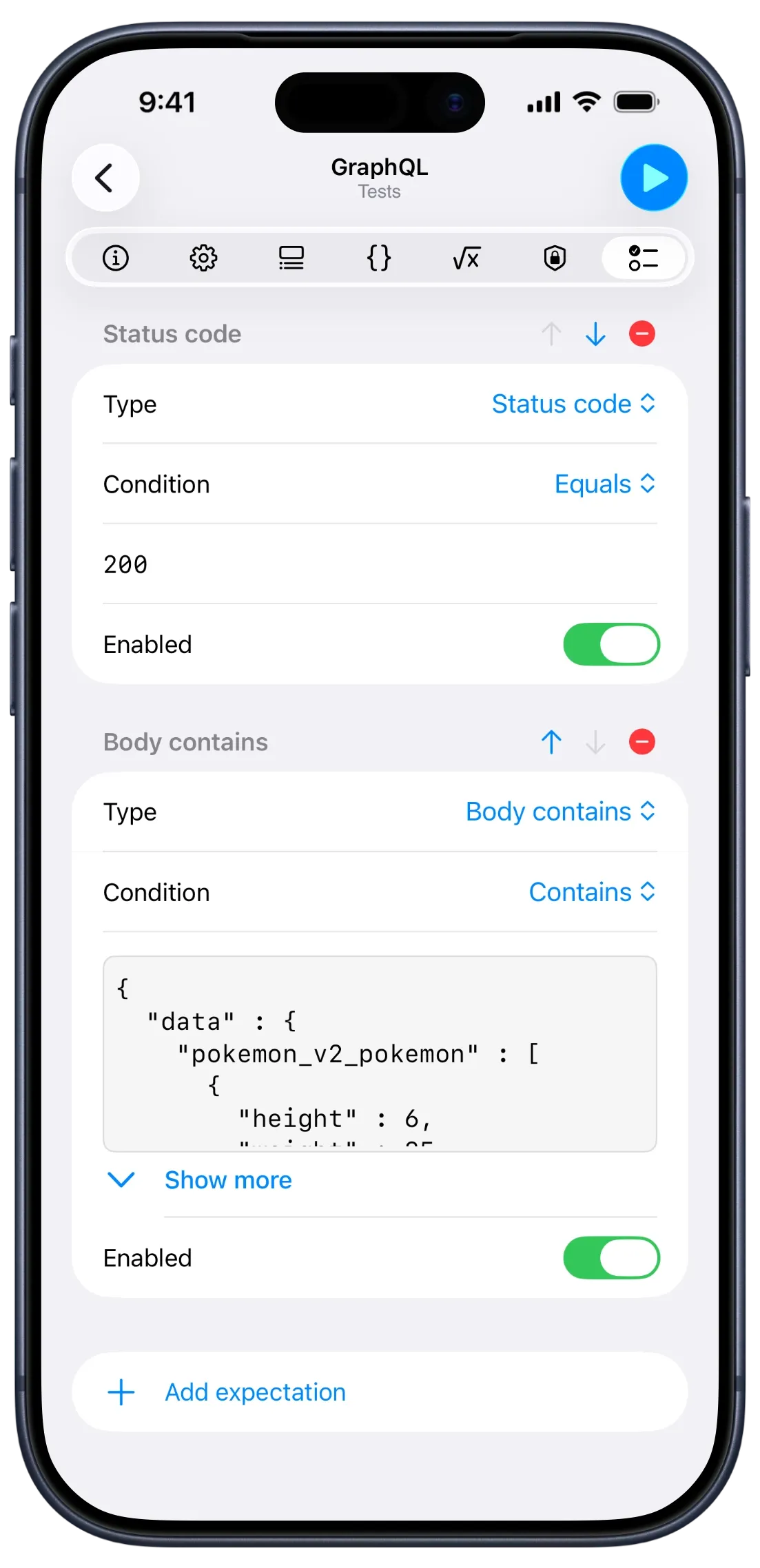 API Orbit on iPhone showing the Tests tab for a GraphQL request, with a Status code expectation of Equals 200 and a Body contains expectation matching a JSON snippet of Pokémon data.