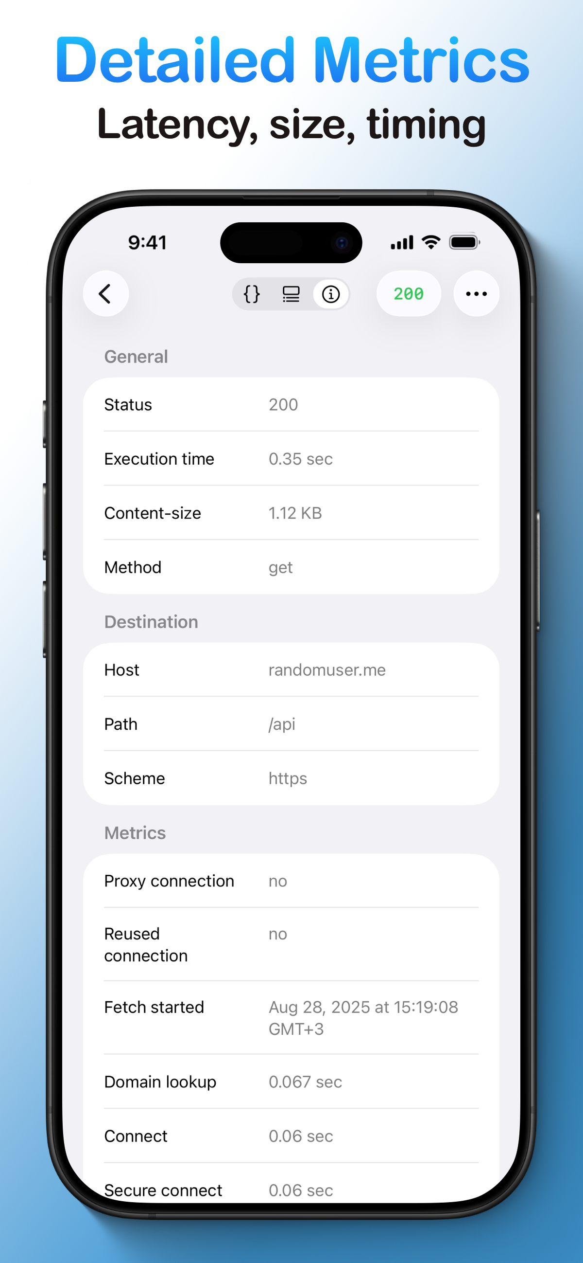 The detailed metrics view for an API response, showing stats like status code, execution time, content size, and connection timings.