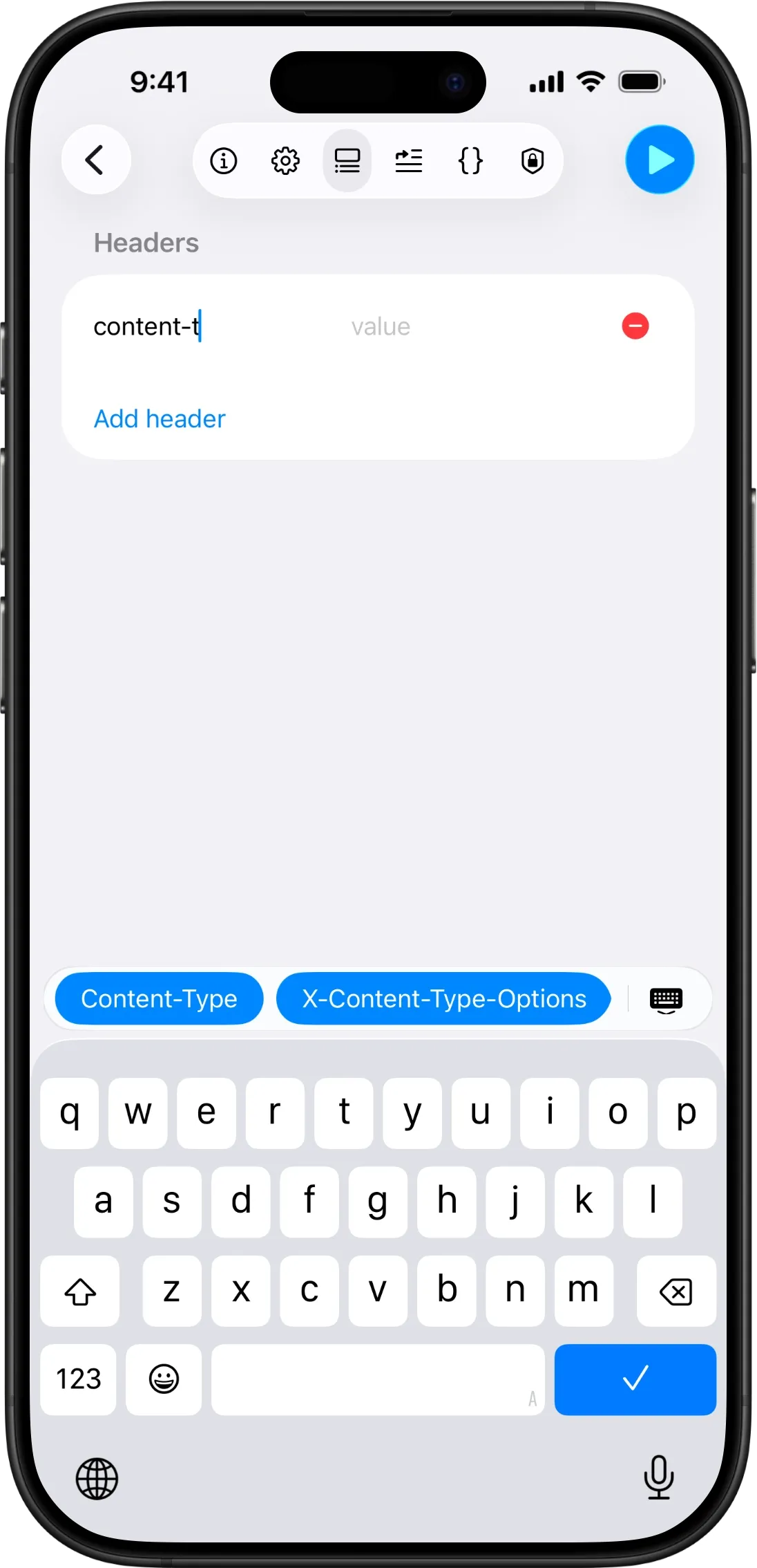 Keyboard toolbar suggesting Content-Type and X-Content-Type-Options while typing a header name