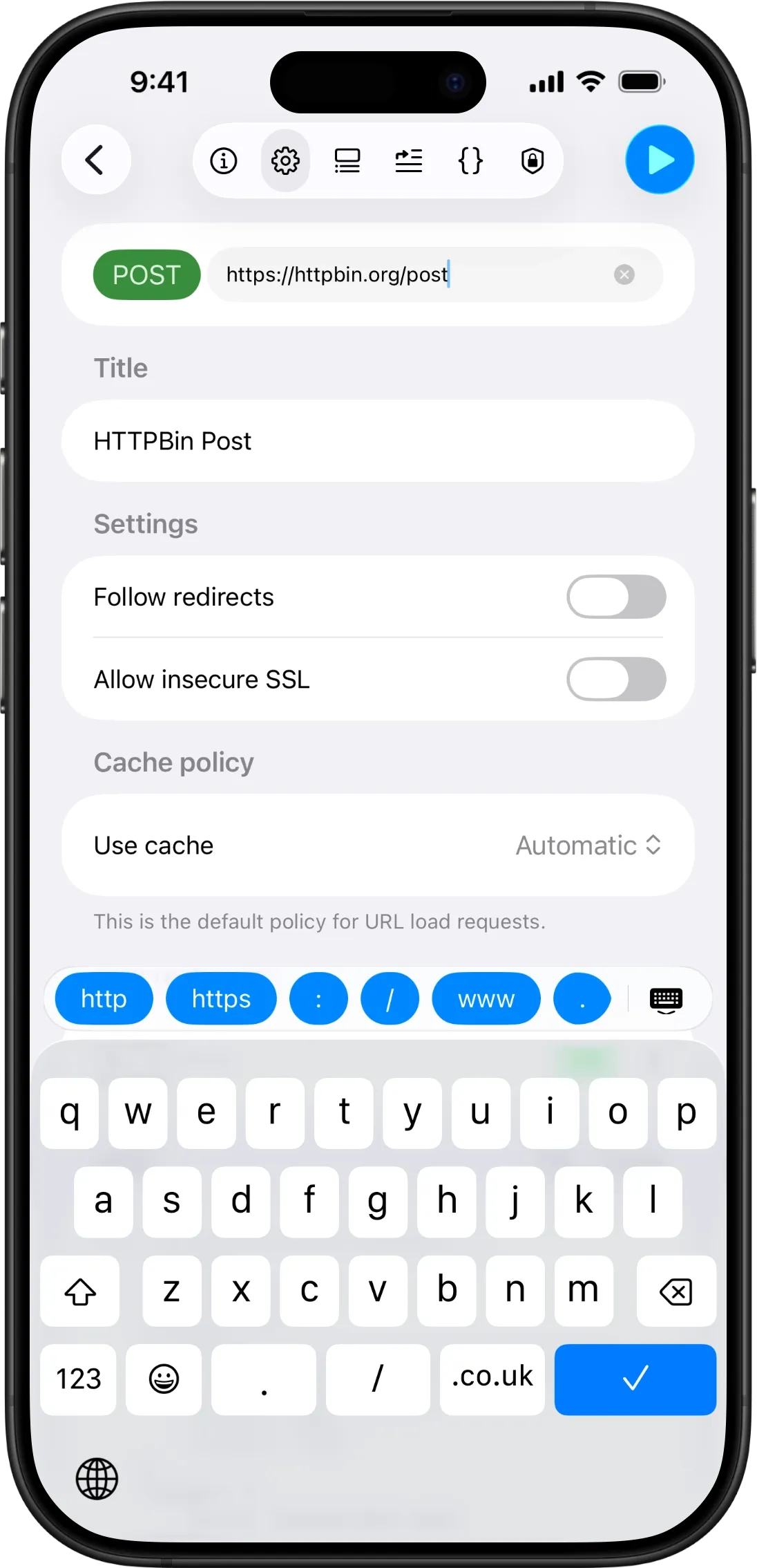 Keyboard toolbar showing URL suggestions like http, https, www, and dot