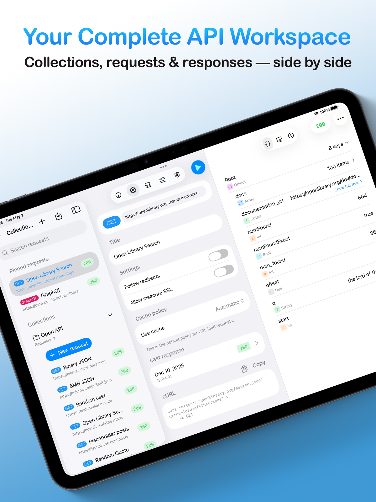 The complete API workspace of the app on a tablet, showcasing the three-column layout with collections, the request builder, and the response view all visible side-by-side.