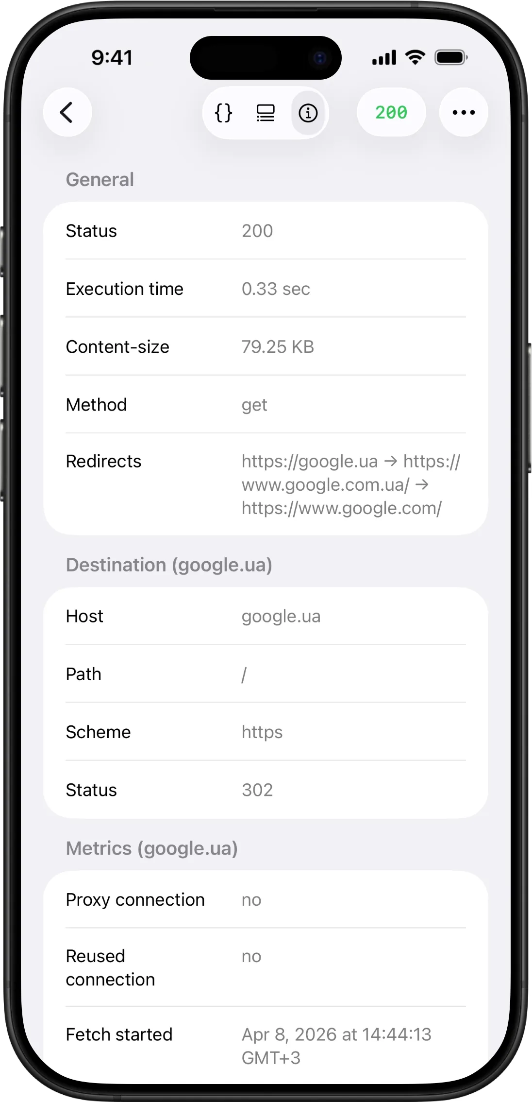 Response overview showing the full redirect chain from google.ua to www.google.com