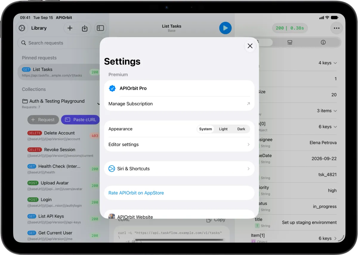 iPad Settings sheet showing a Premium section with an APIOrbit Pro row and a Manage Subscription row, followed by Appearance, Editor settings, and a dedicated Siri & Shortcuts row