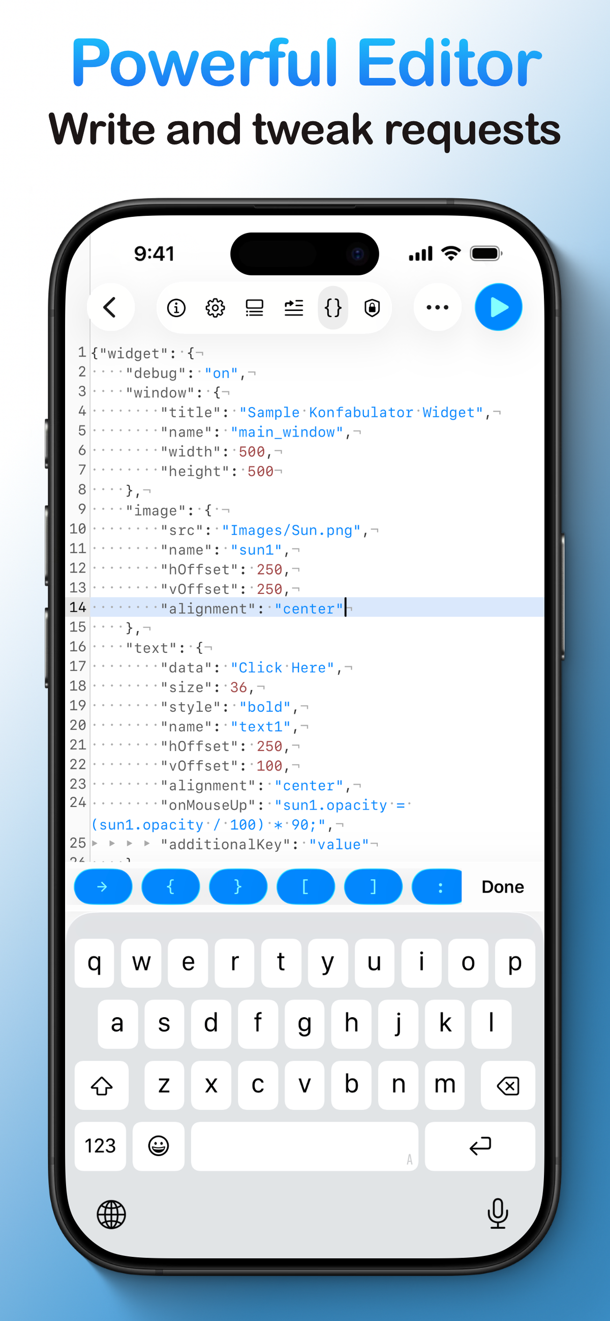 Editing a JSON request body in the app's powerful code editor on a smartphone, with syntax highlighting and a specialized keyboard.