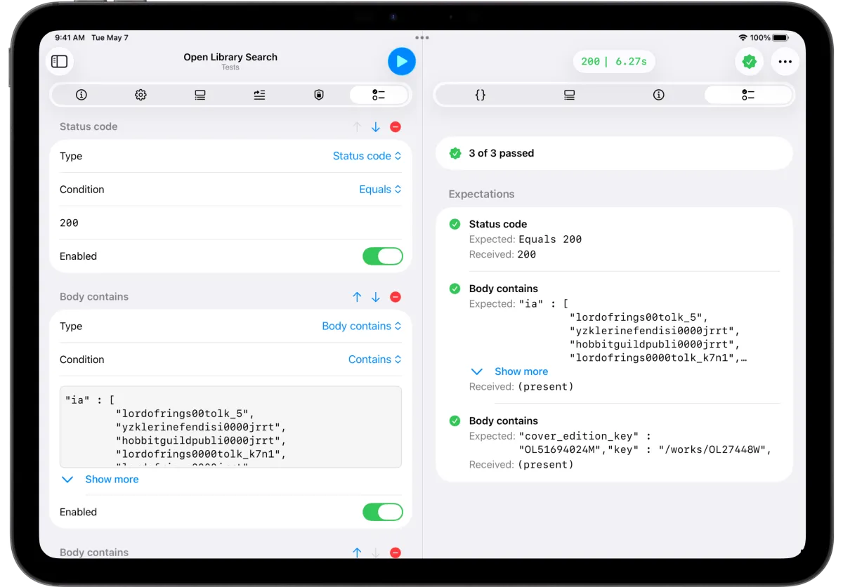 API Orbit on iPad showing API testing: the Tests tab with Status code and Body contains expectations on the left, and a 