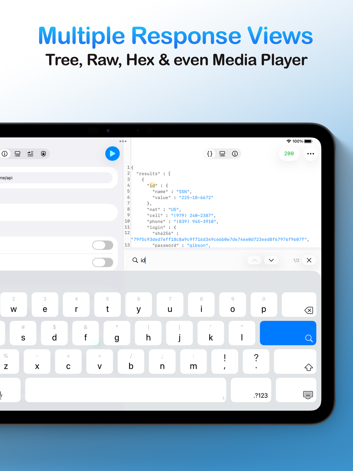 A tablet displaying one of the multiple response views, specifically the raw text view with an active search function inside the API client app.