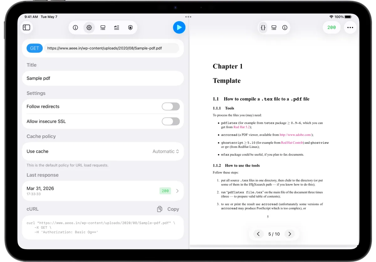 Native PDF viewer displaying an API response with page navigation