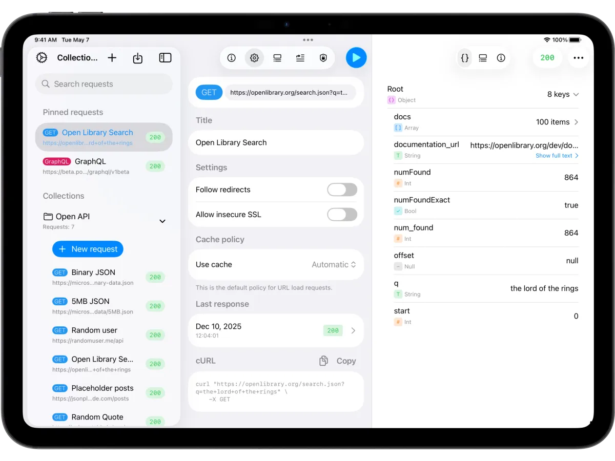 API Orbit on iPad showing pinned requests, search bar, request details, and structured JSON response.