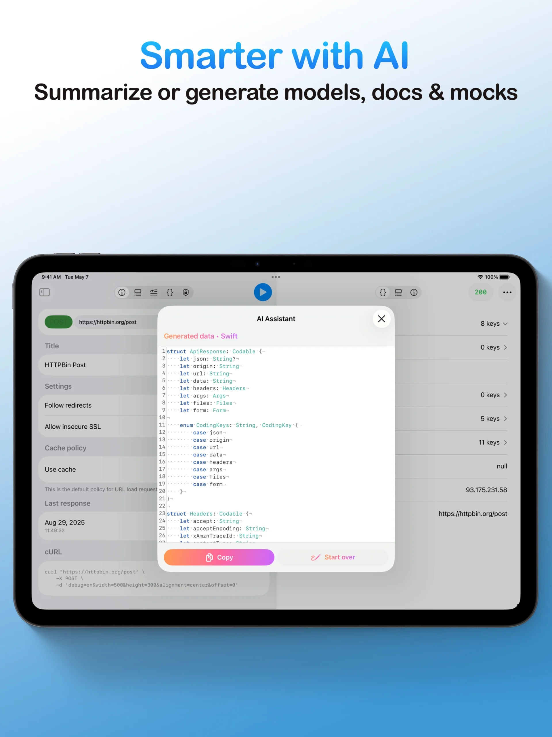 The AI Assistant feature on the tablet app, shown in a pop-up window generating Swift code models based on an API response.