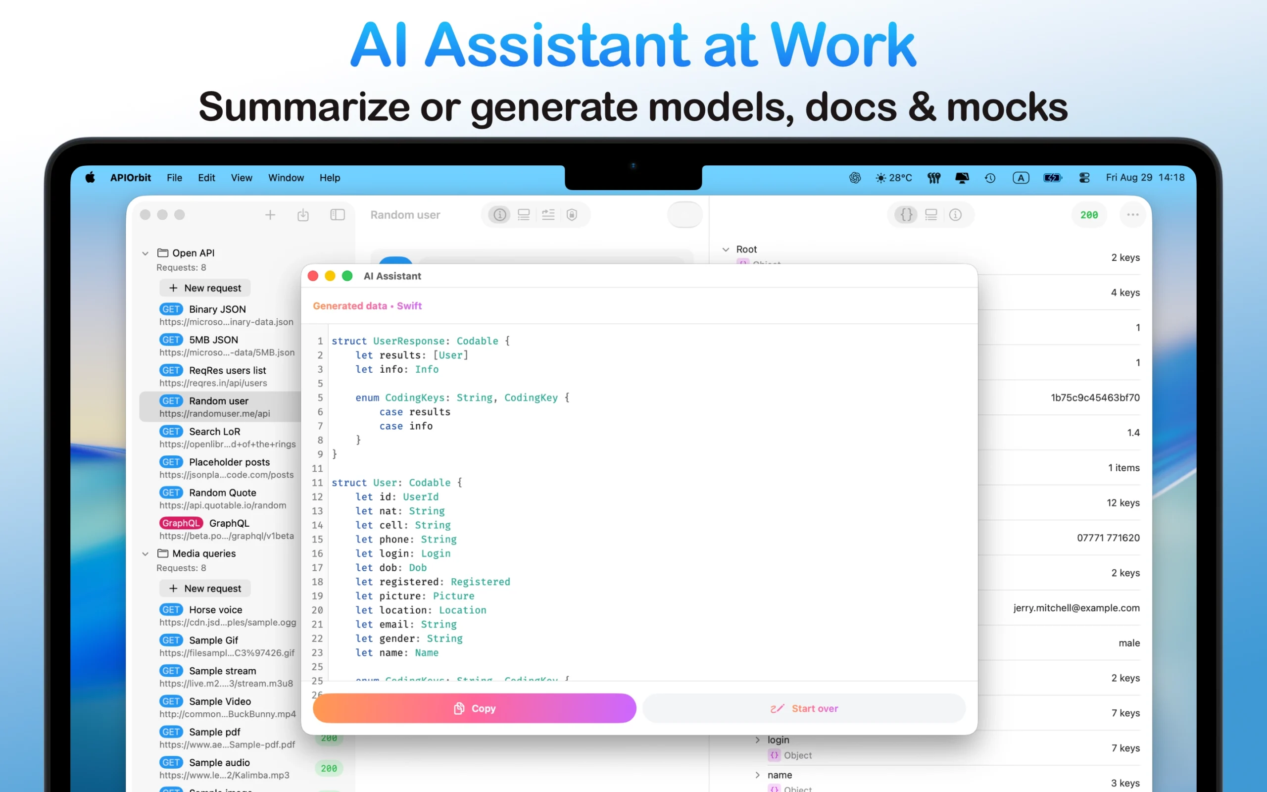 The AI Assistant in the API client app on a MacBook, generating Swift data models, documentation, or mock data.