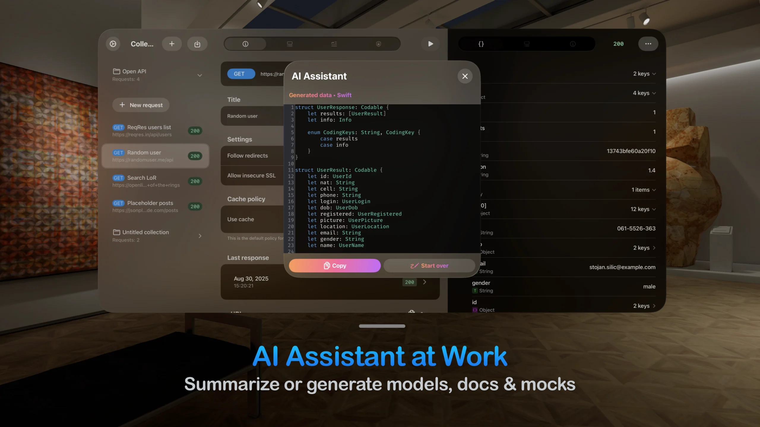 The AI Assistant generating Swift code in a floating window within the Vision Pro interface of the API client app.