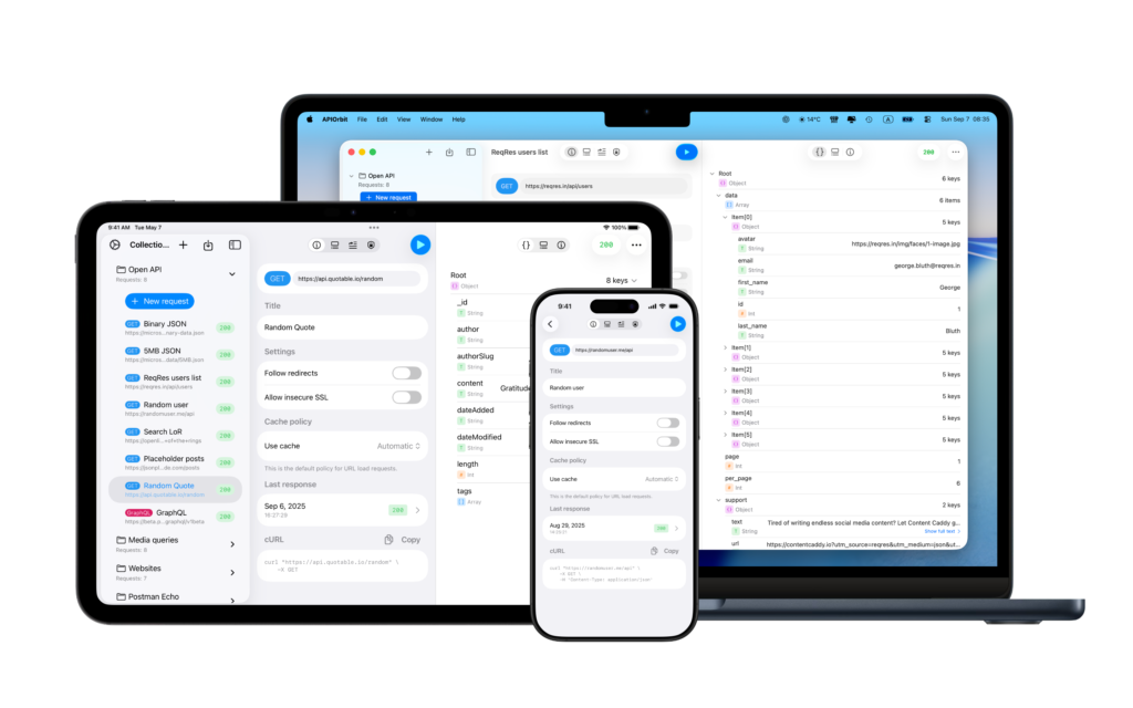 API Orbit 26 interface on MacBook, iPad, and iPhone with an open JSON request