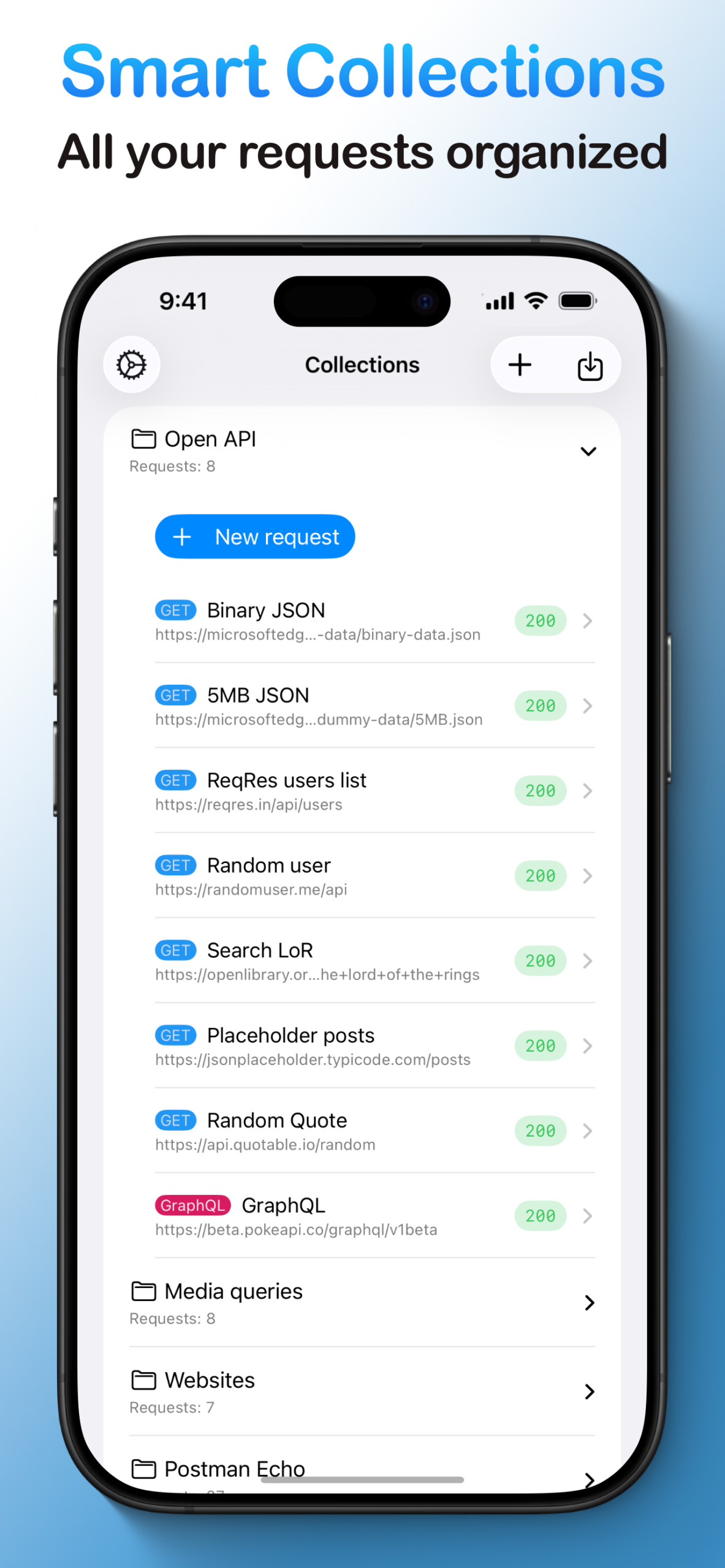 The collections screen of the app, organizing various API requests like 'Random user' and 'GraphQL' into expandable folders.