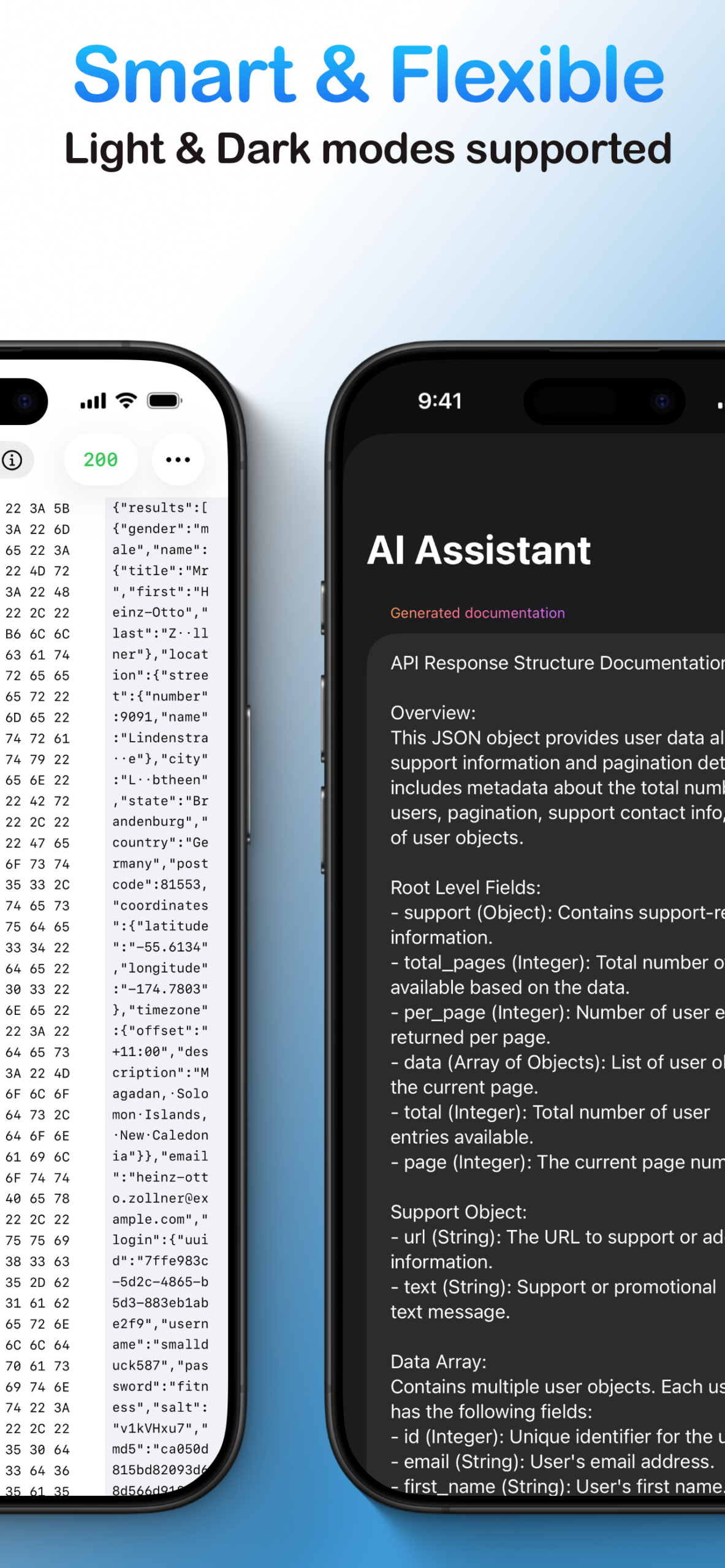 The API client app displayed on two iPhones, one in light mode and the other in dark mode, showcasing the theme flexibility.