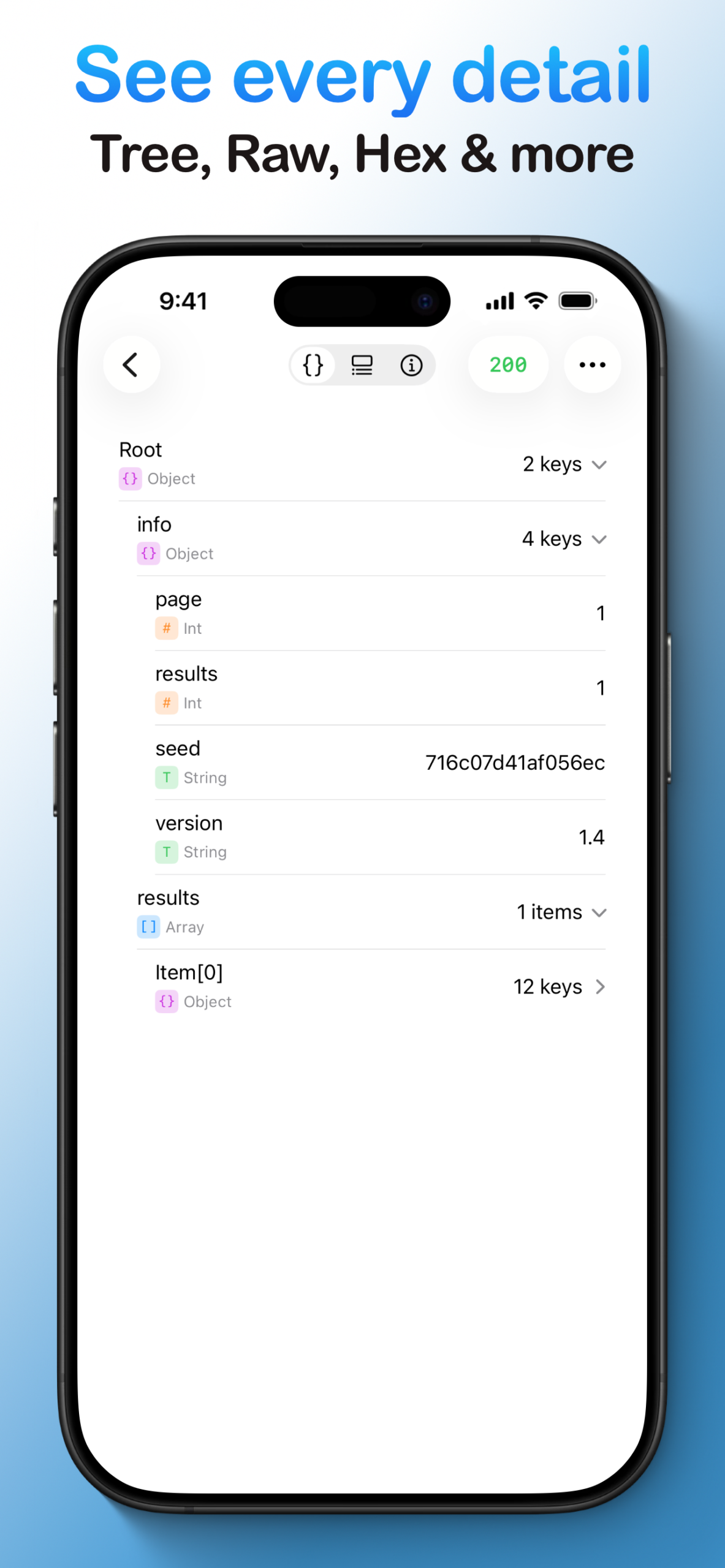A mobile app interface showing an API response formatted as a collapsible JSON tree view, with expandable objects and arrays.