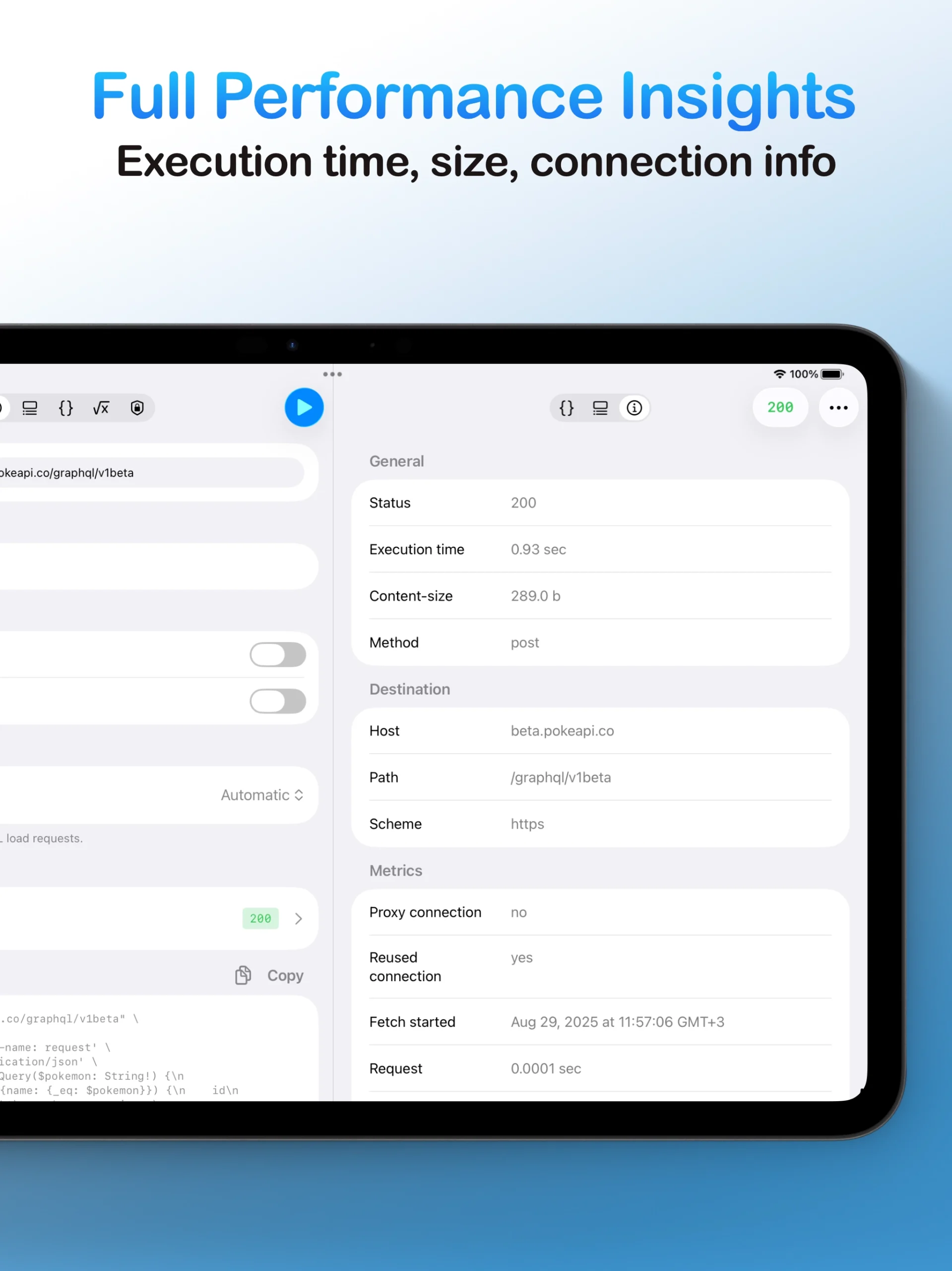 A tablet screen displaying the full performance insights for an API response, including metrics like execution time, content size, and connection information.
