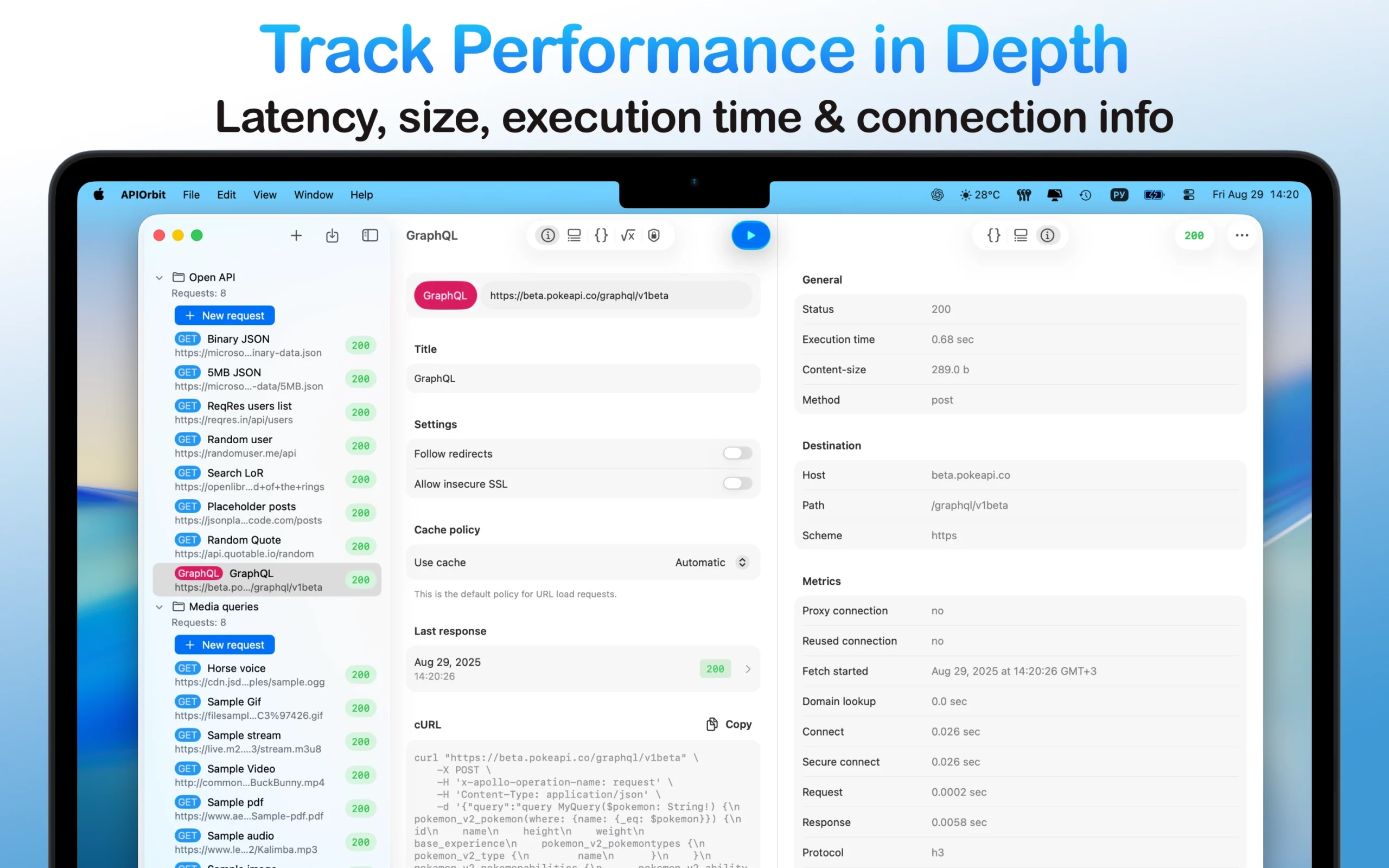 The detailed performance metrics of an API request displayed in the app on a MacBook, including latency, size, execution time, and connection info.