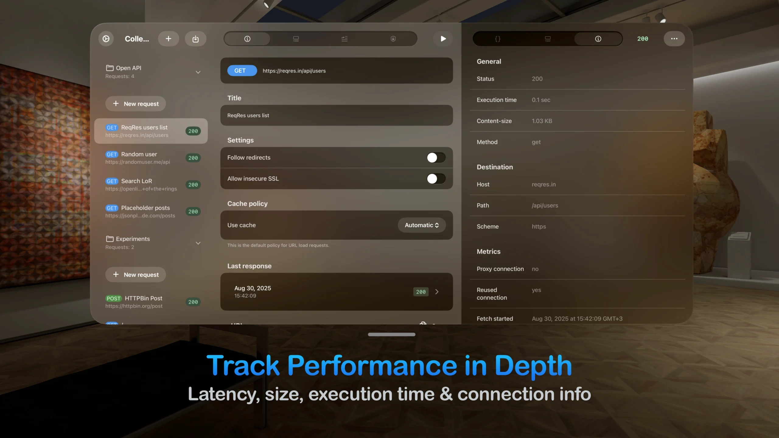 Tracking API performance metrics like latency and execution time using the app's floating interface on visionOS.