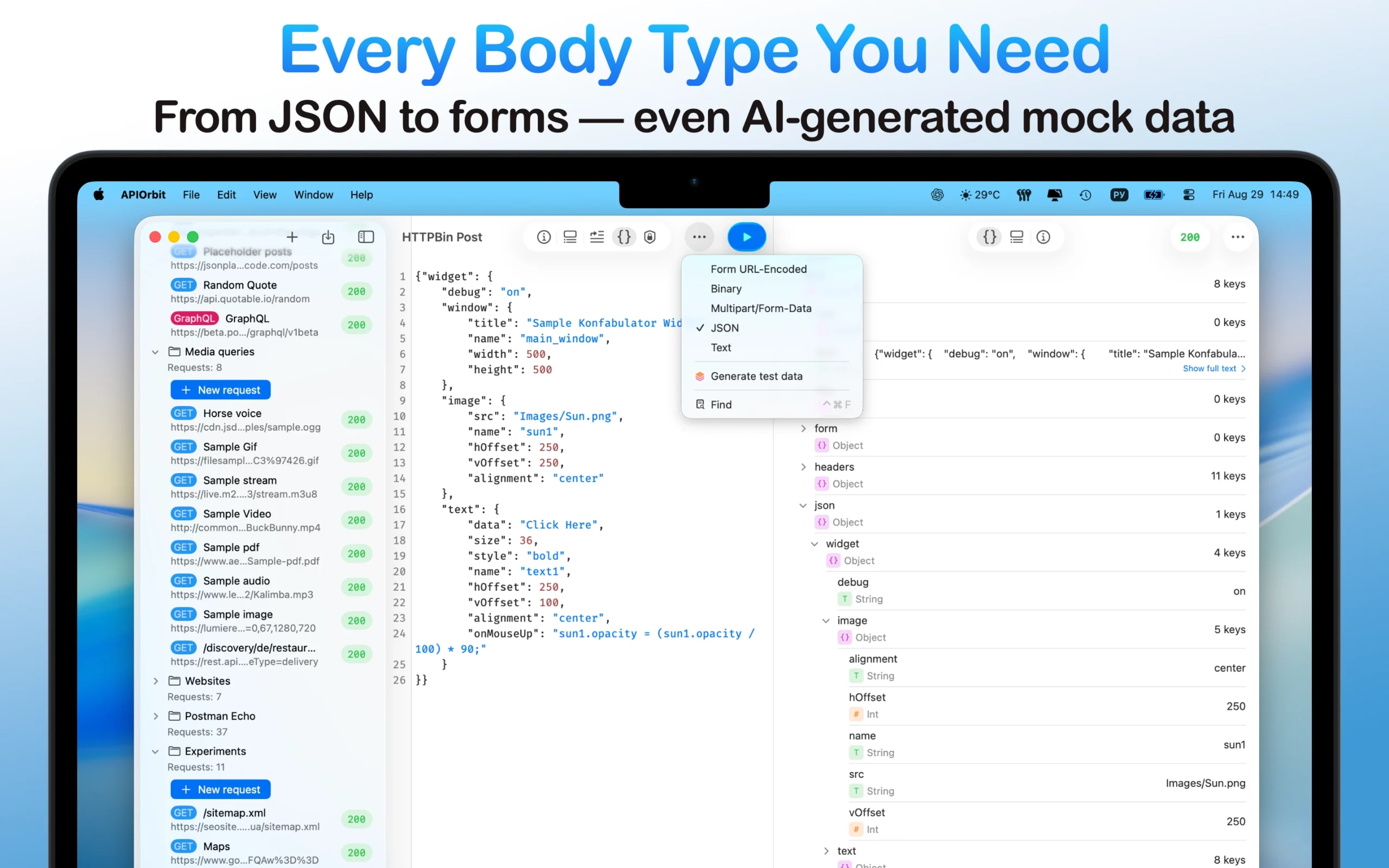 The API client app on a MacBook demonstrating support for various request body types, from JSON and forms to AI-generated mock data.