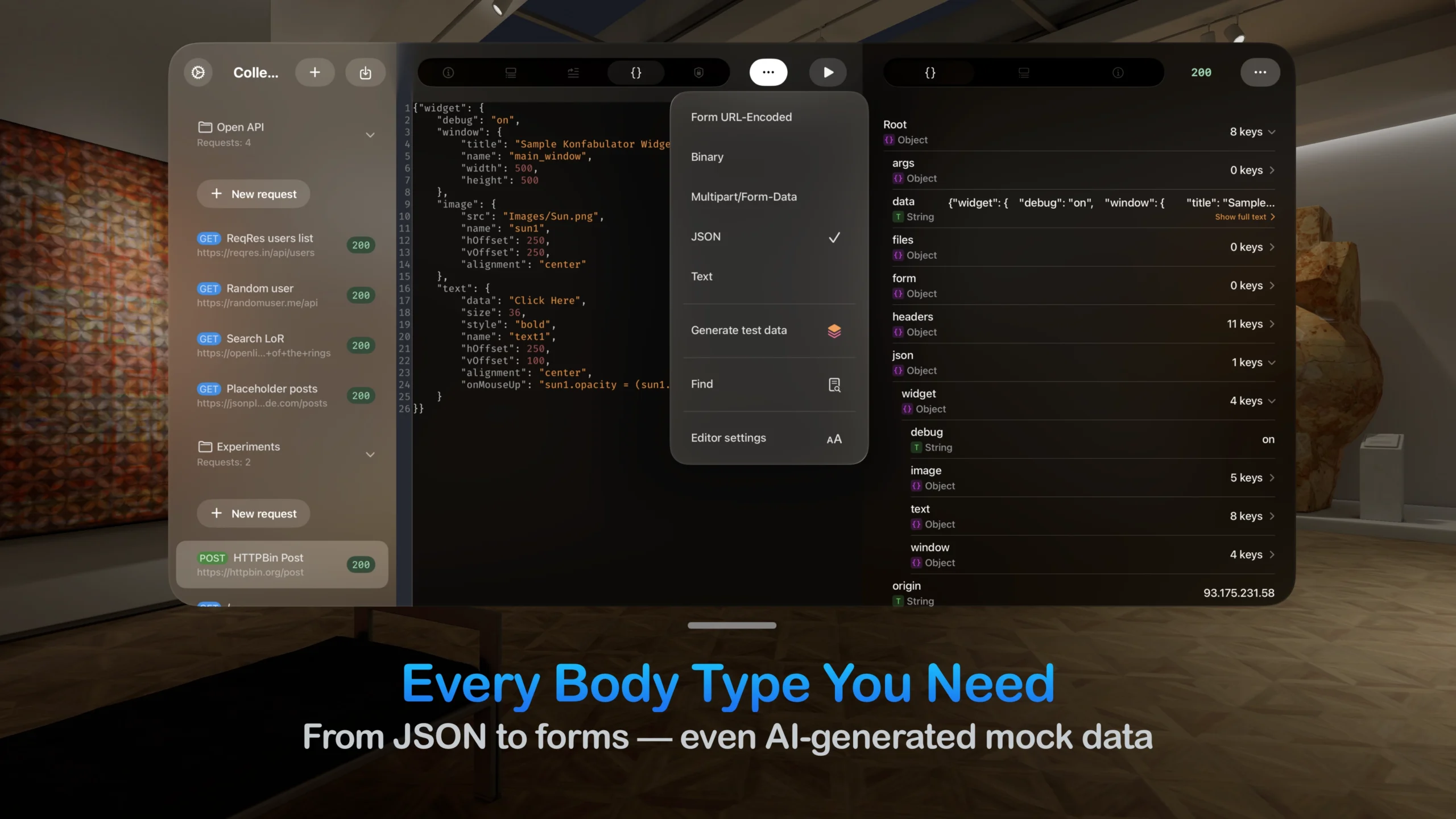 Building an API request and selecting a body type like Form URL-Encoded or JSON in the app's spatial interface on Vision Pro.