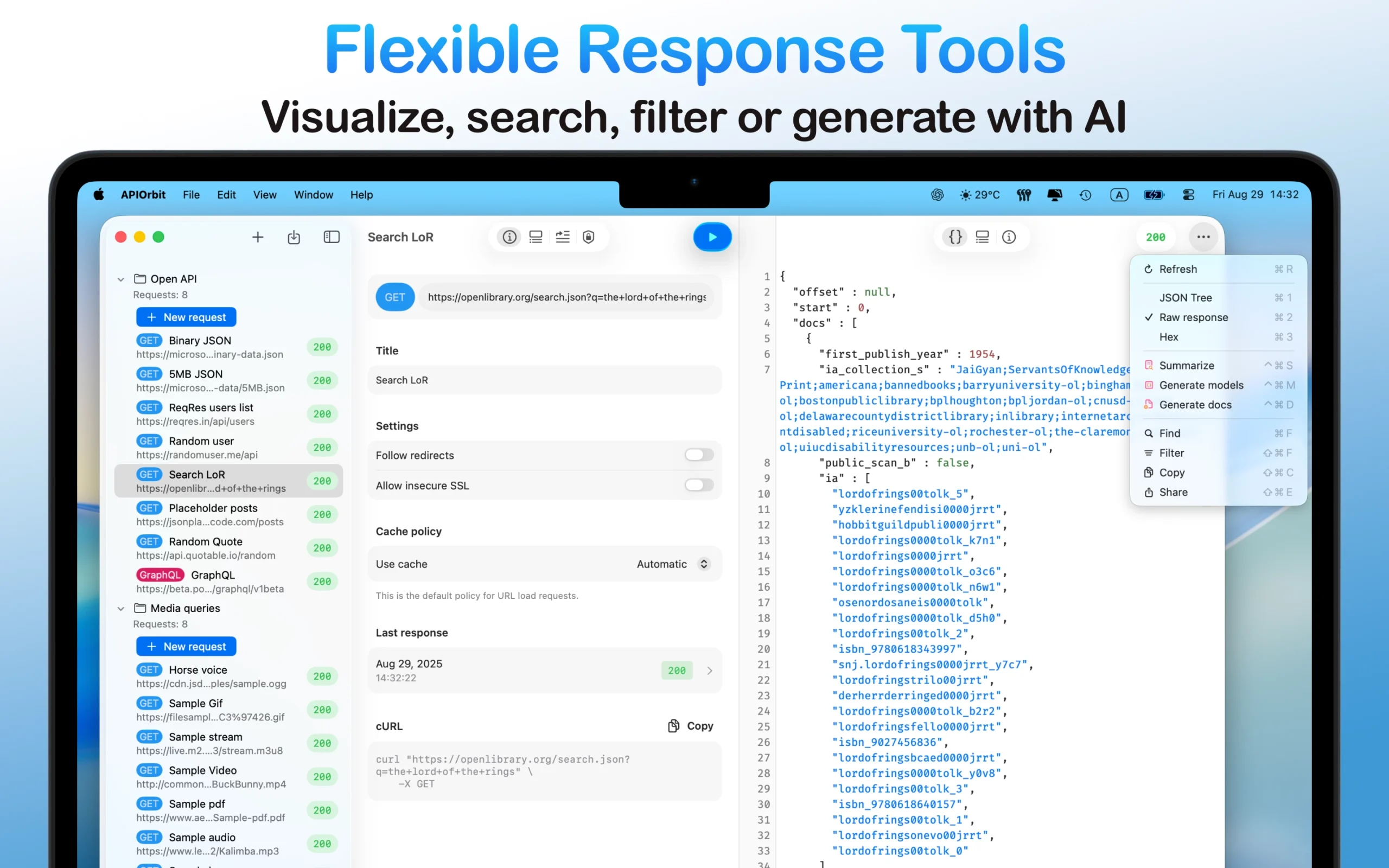 The API client app on a MacBook, showing flexible response tools for visualization, searching, filtering, and AI-generation.