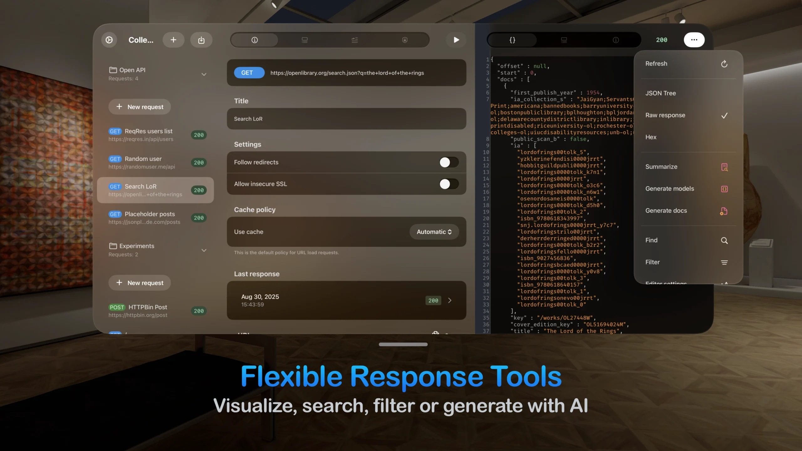 Using flexible response tools like JSON Tree, Summarize, and Generate Models within the floating panels of the app on Vision Pro.