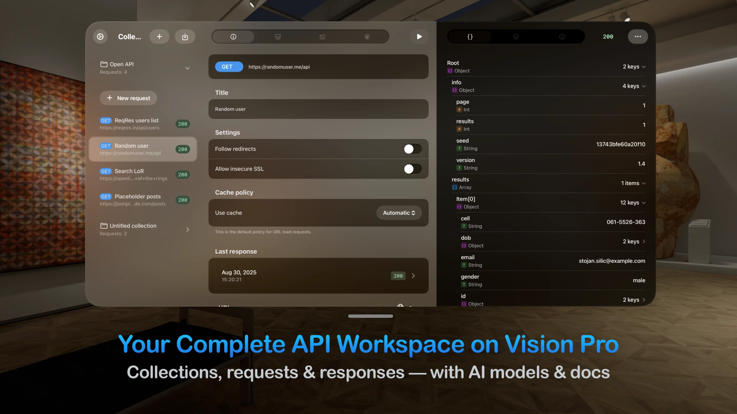 The API client app's complete workspace shown as floating panels in a visionOS environment, with collections, requests, and responses visible side-by-side.
