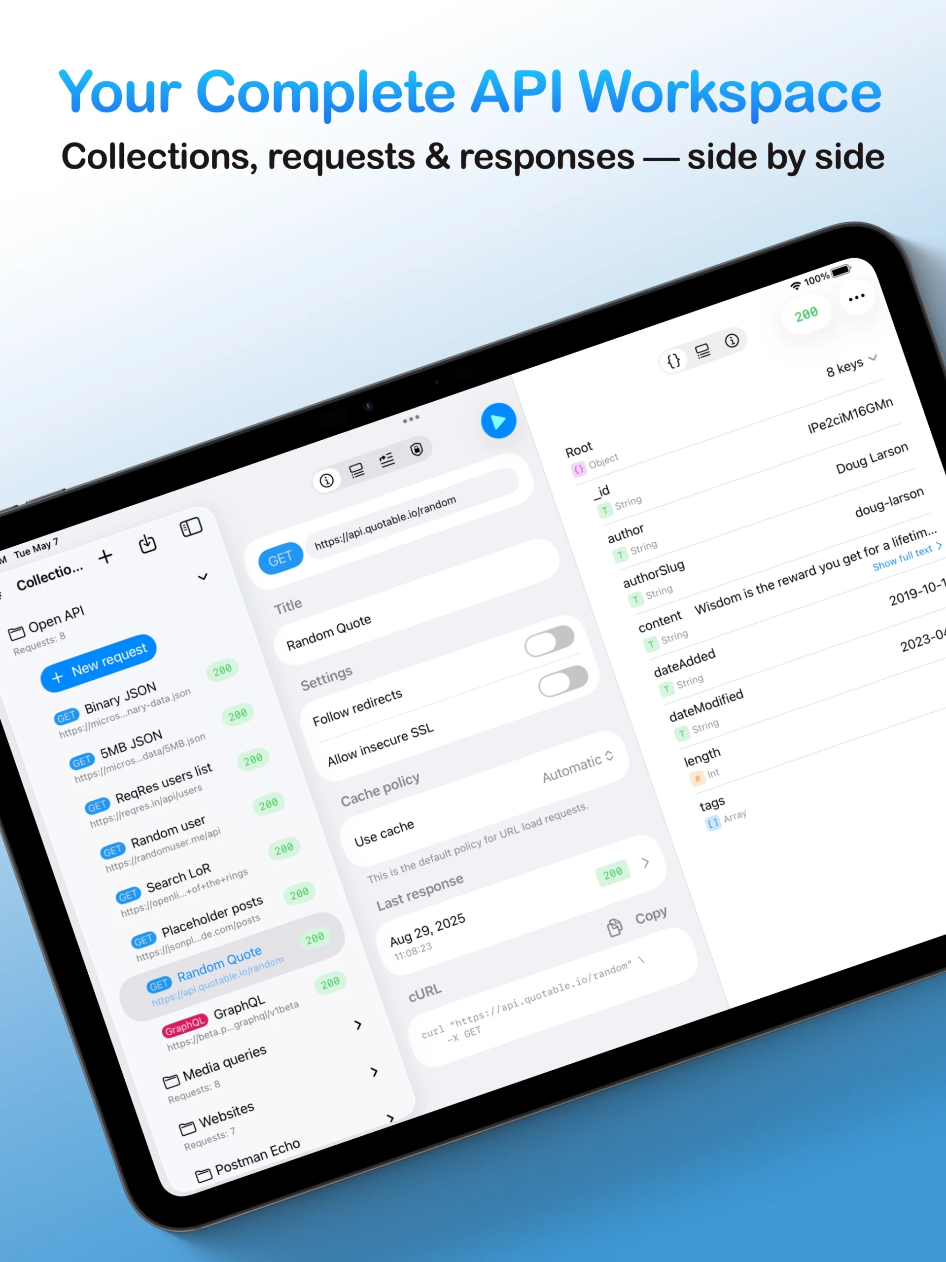 The complete API workspace of the app on a tablet, showcasing the three-column layout with collections, the request builder, and the response view all visible side-by-side.