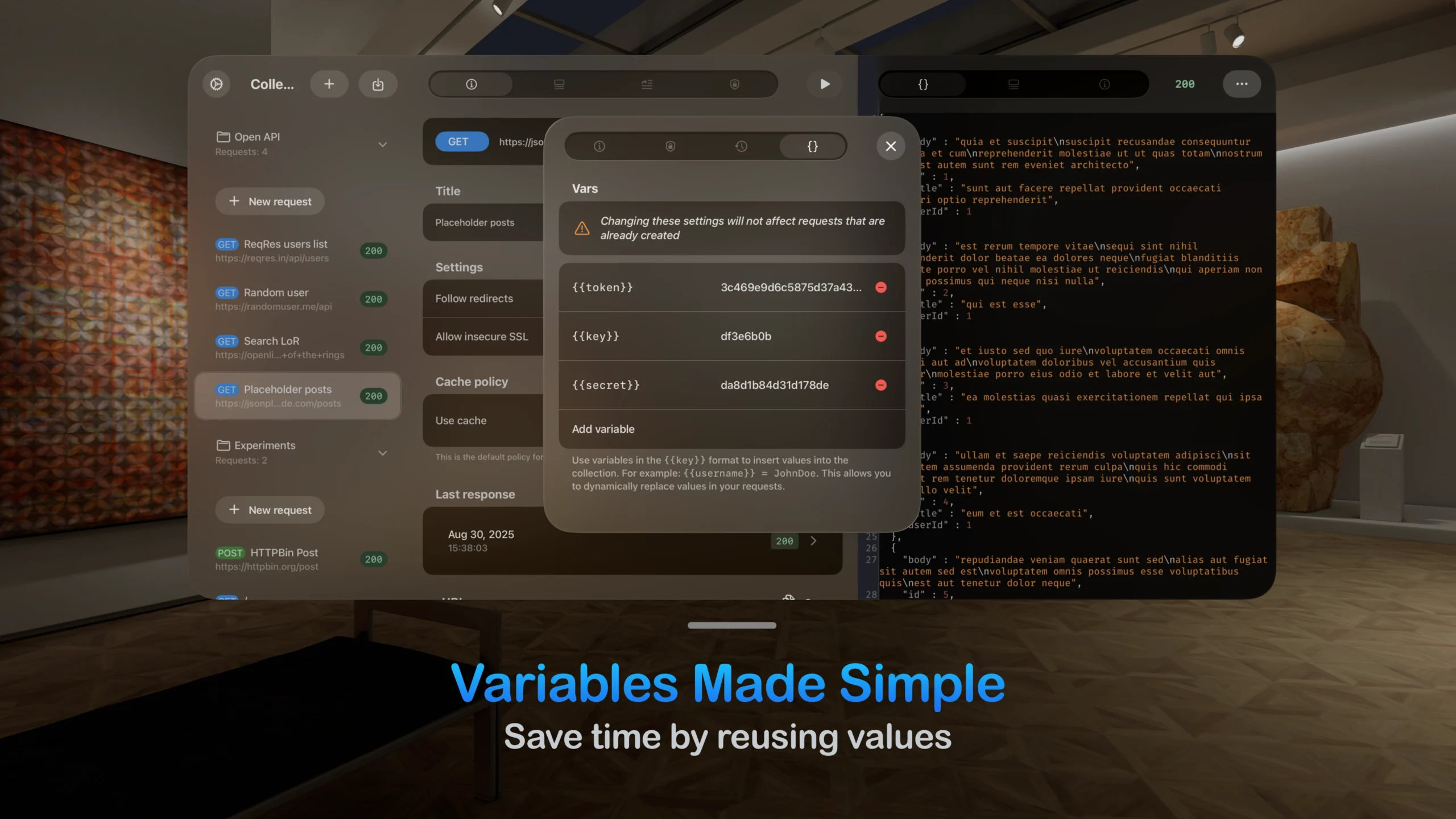 Managing and reusing variables like tokens and keys in a floating window of the API client app designed for visionOS.