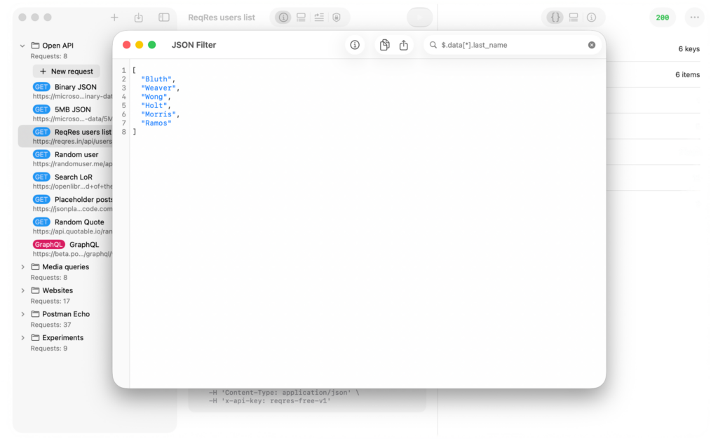 JSONPath filter applied in API Orbit on Mac