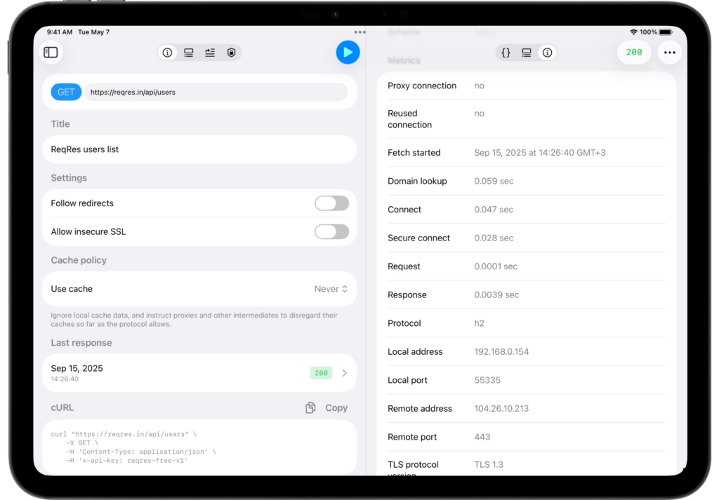 API Orbit 26 request metrics panel on iPad showing detailed connection and response timings