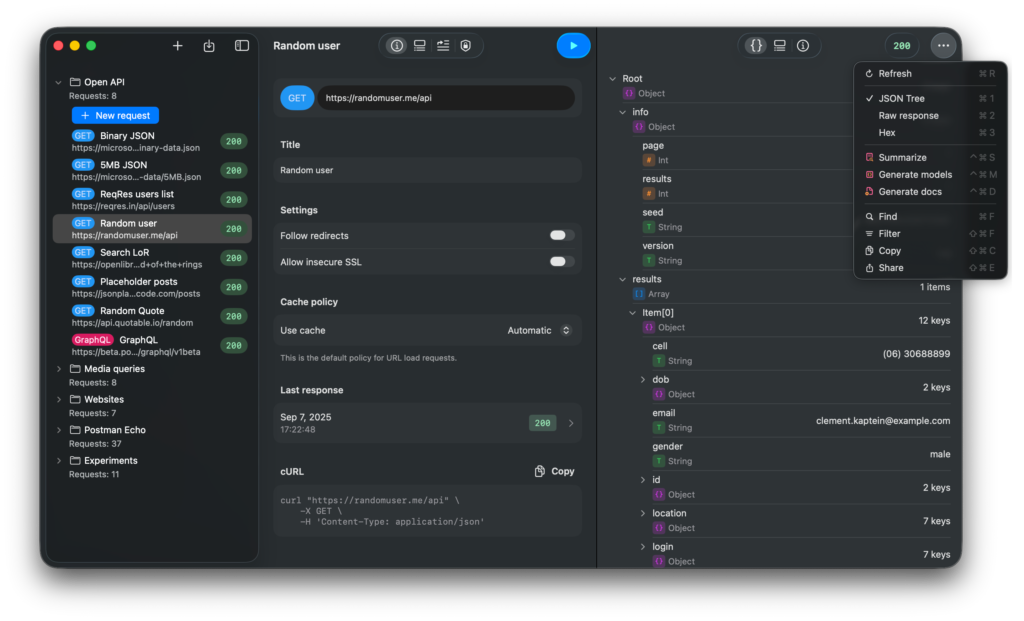 API Orbit 26 on Mac showing response body options including JSON Tree, Raw, and Hex viewers