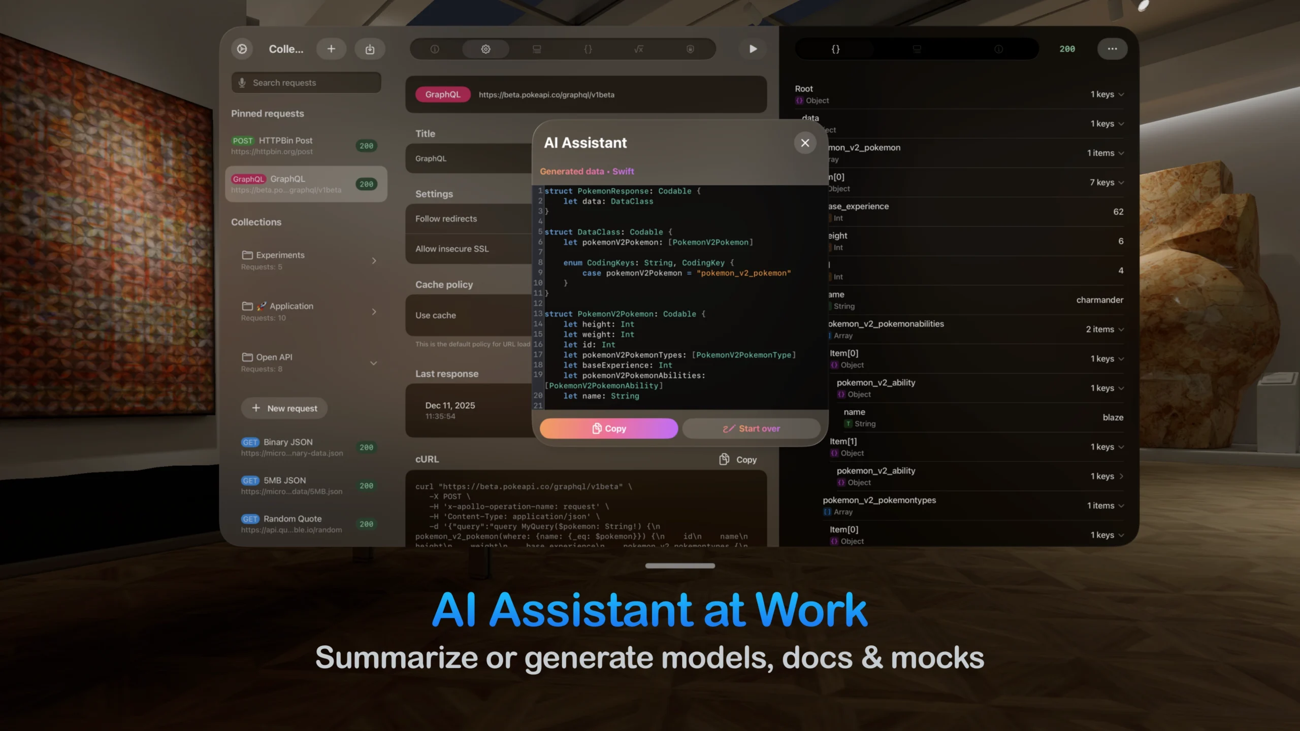 The AI Assistant generating Swift code in a floating window within the Vision Pro interface of the API client app.