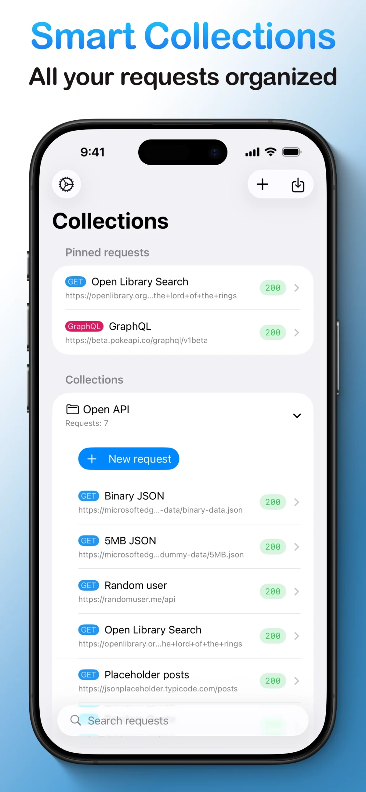 The collections screen of the app, organizing various API requests like 'Random user' and 'GraphQL' into expandable folders.