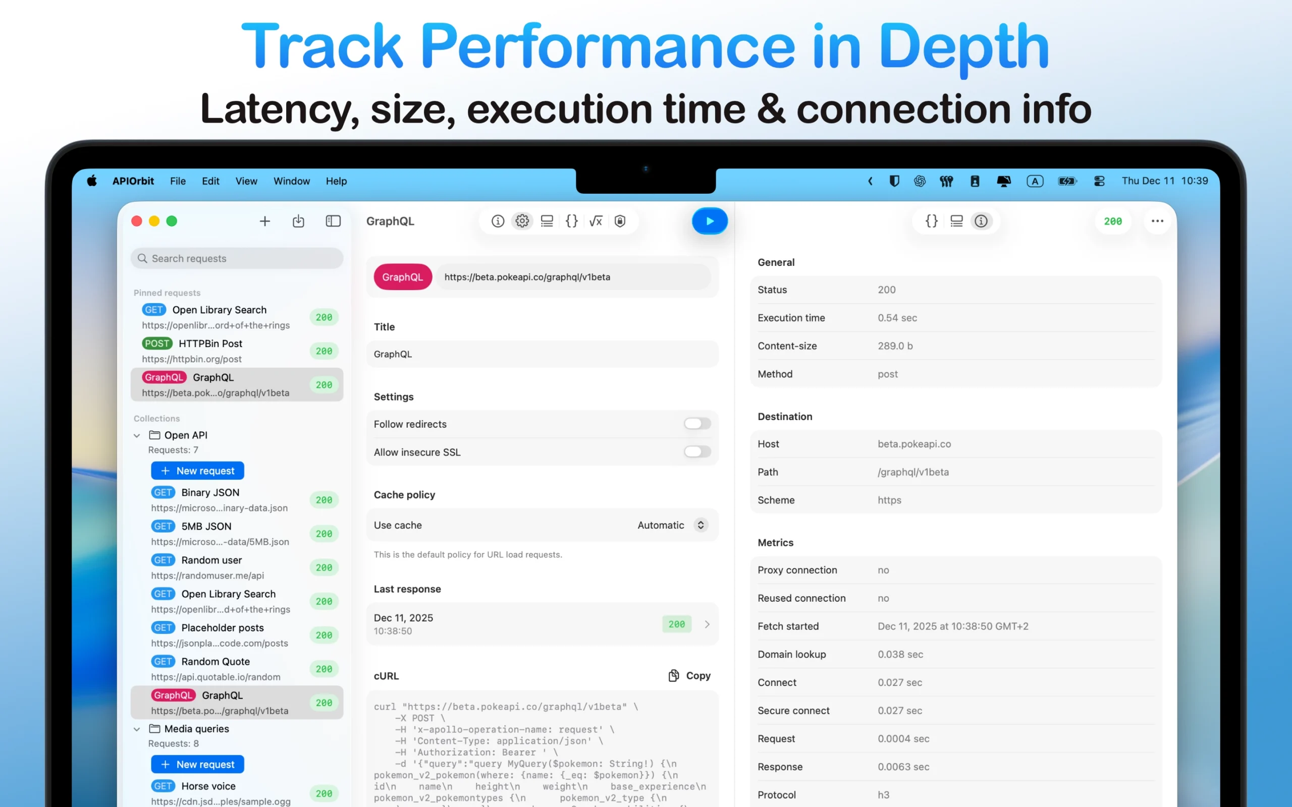 The detailed performance metrics of an API request displayed in the app on a MacBook, including latency, size, execution time, and connection info.