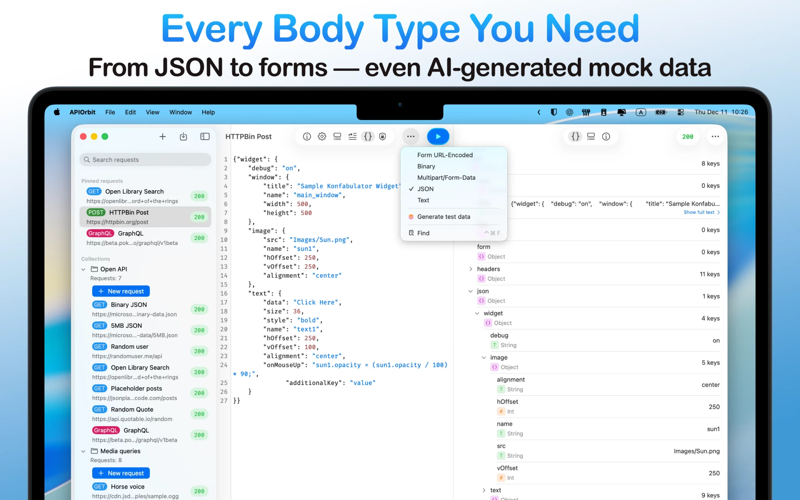 The API client app on a MacBook demonstrating support for various request body types, from JSON and forms to AI-generated mock data.