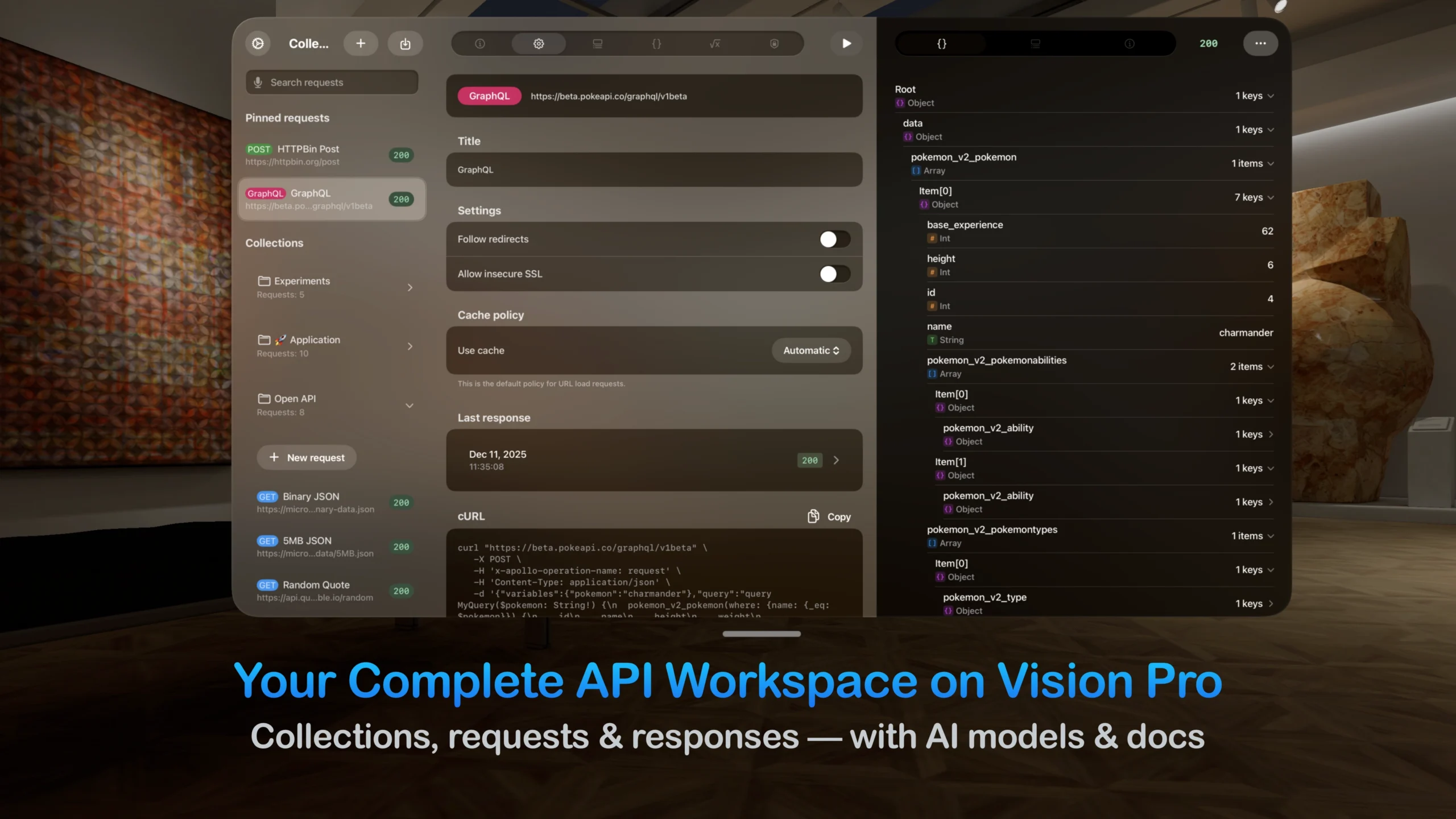 The API client app's complete workspace shown as floating panels in a visionOS environment, with collections, requests, and responses visible side-by-side.
