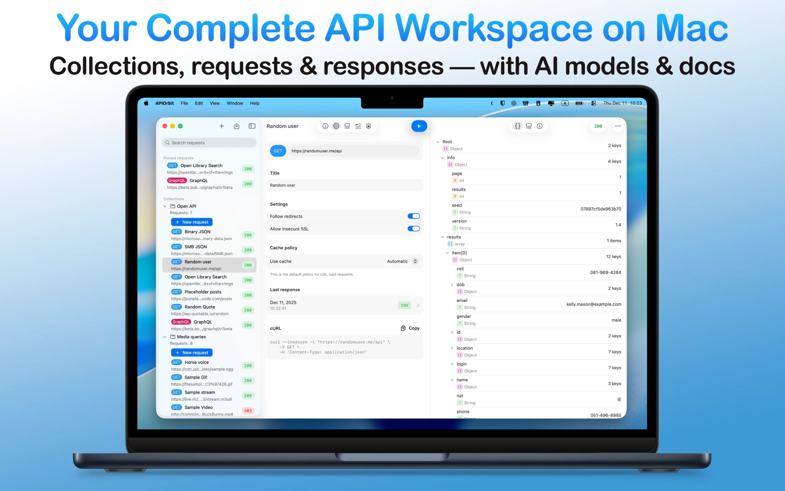The complete API workspace of the app on a MacBook, displaying collections, requests, and responses with integrated AI models and documentation.
